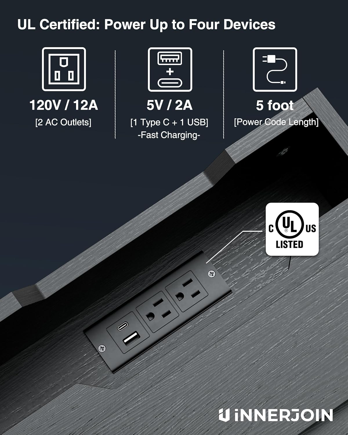 Innerjoin Mesa auxiliar con estación de carga puertos USB A y C, mesita de noche LED con compartimento de almacenamiento, mesa auxiliar de cama con