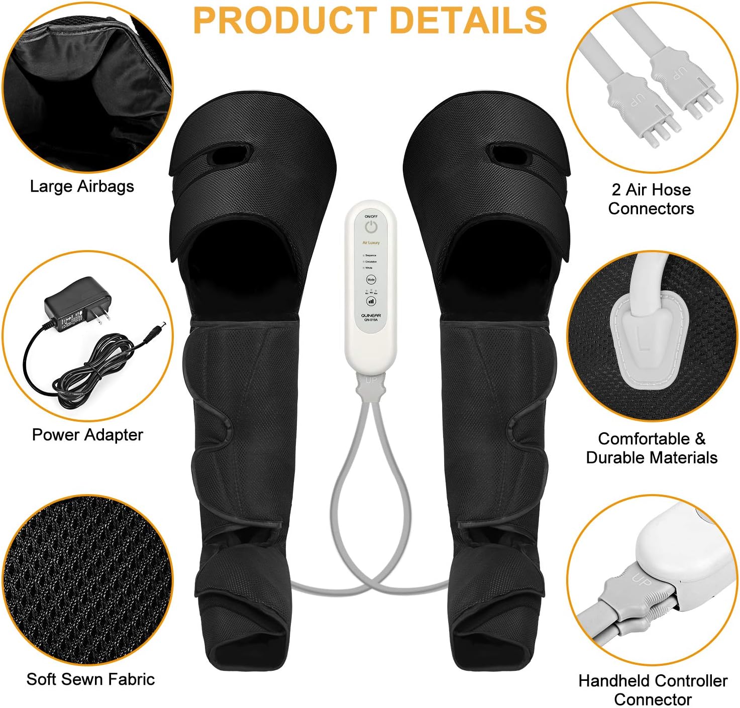 QUINEAR Masajeador de compresión para circulación y alivio del dolor, sistema eléctrico de recuperación de velcro para pies y piernas, edema y
