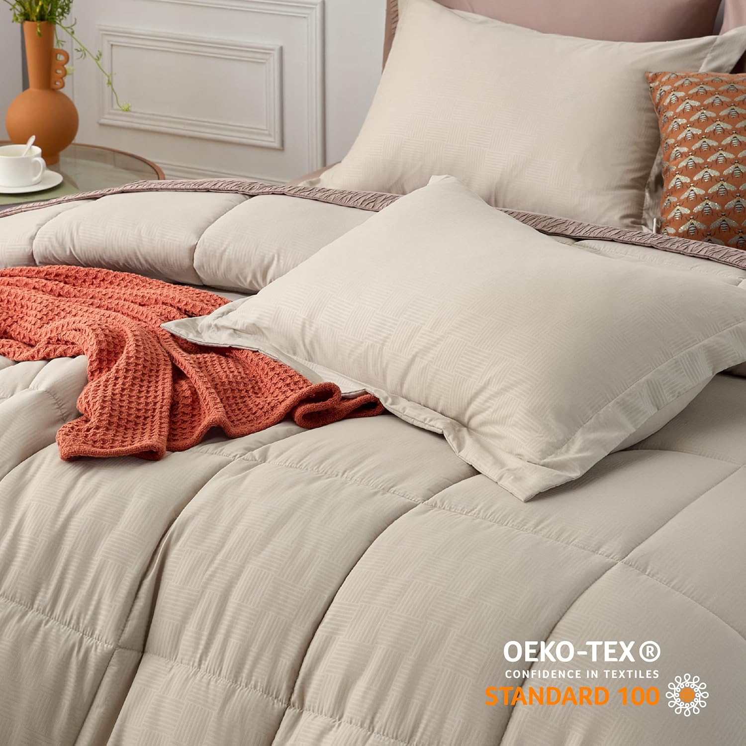 Bedsure Juego de edredón extra largo para cama individualindividual  Juego de edredón alternativo con tejido de cesta beige, tamaño