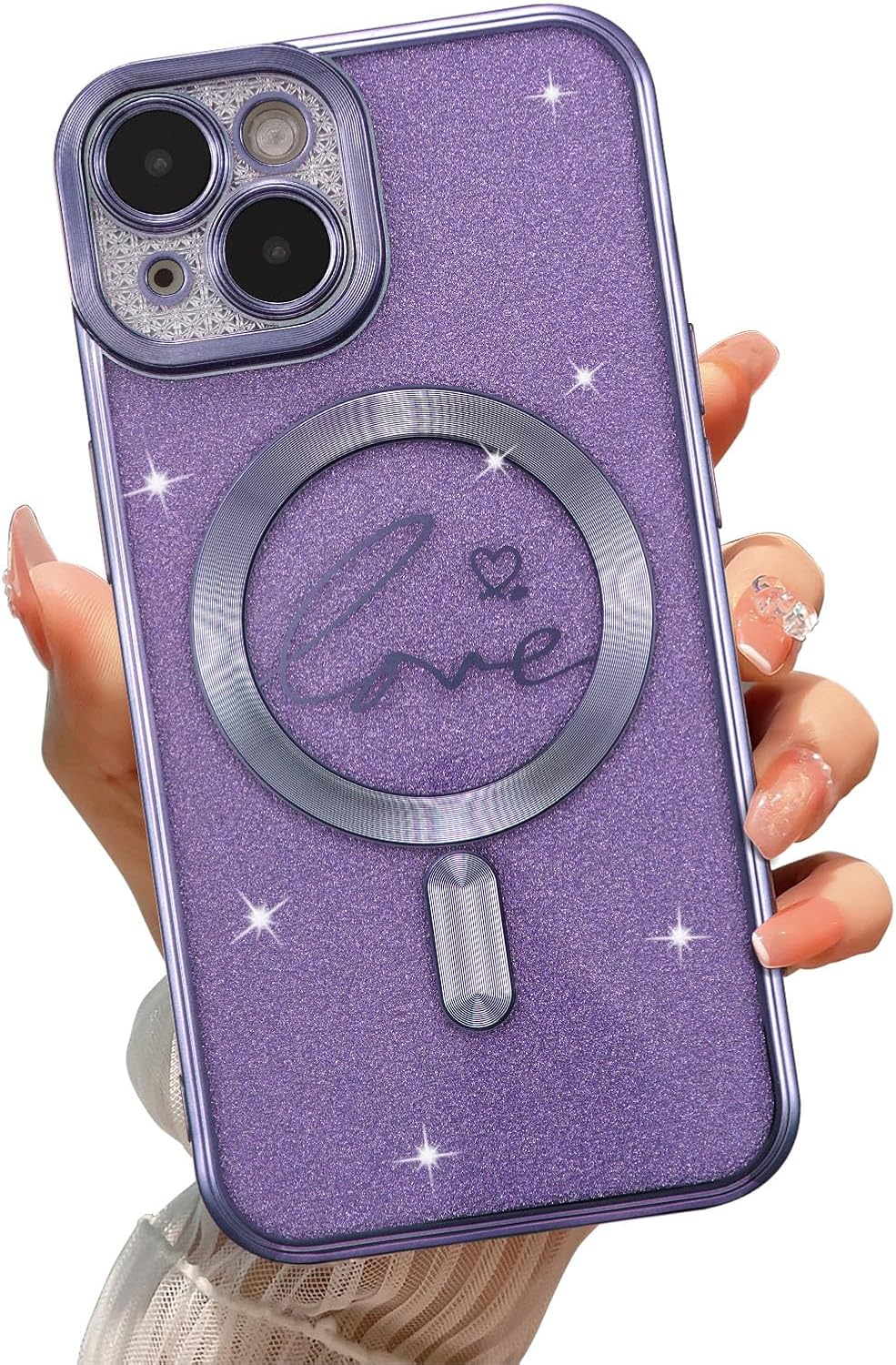 EYZUTAK Funda magnética para iPhone 13, con purpurina brillante de lujo, diseño de corazón chapado en lindo patrón de corazón, compatible con