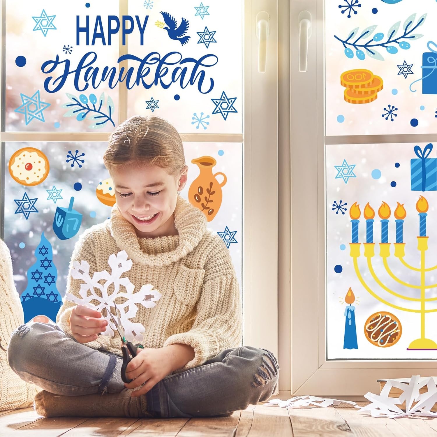 Whaline 151 calcomanías de ventana de Hanukkah de doble cara con diseño de gnomo de estrella de menorá azul-dorado, calcomanías de ventana con