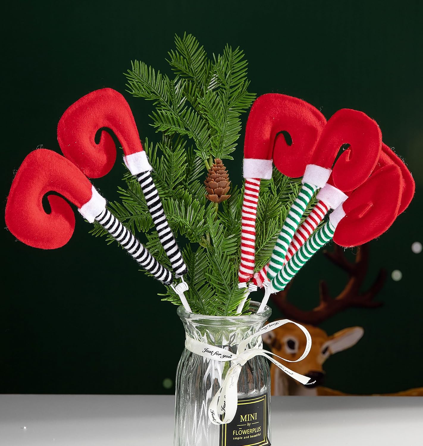 6 púas de patas de elfo de Navidad, adornos de árbol de pies de elfo de 13 pulgadas con alambre fijo, púas de felpa a rayas para patas de elfo para