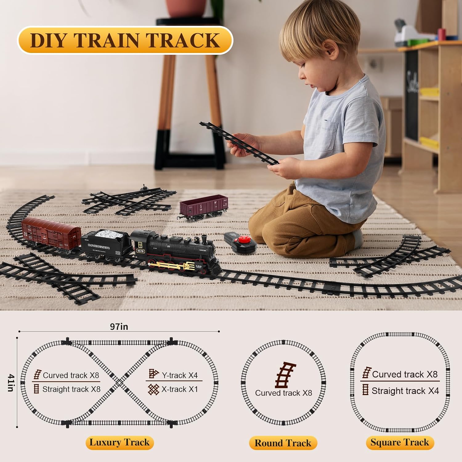Juego de tren para niños, juguete de tren a control remoto con vehículo de carga, motor de locomotora de vapor, pistas largas de tren debajo del
