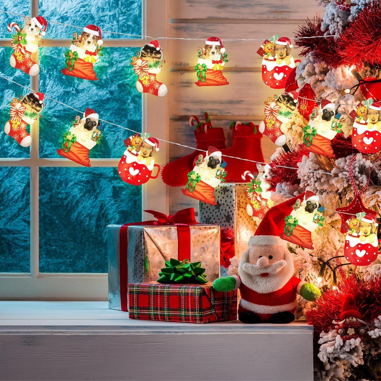 Ganeen Guirnalda de luces de Navidad para perro, 20 luces LED de 10 pies, linda cadena de luces colgantes para árbol de Navidad, funciona con pilas,