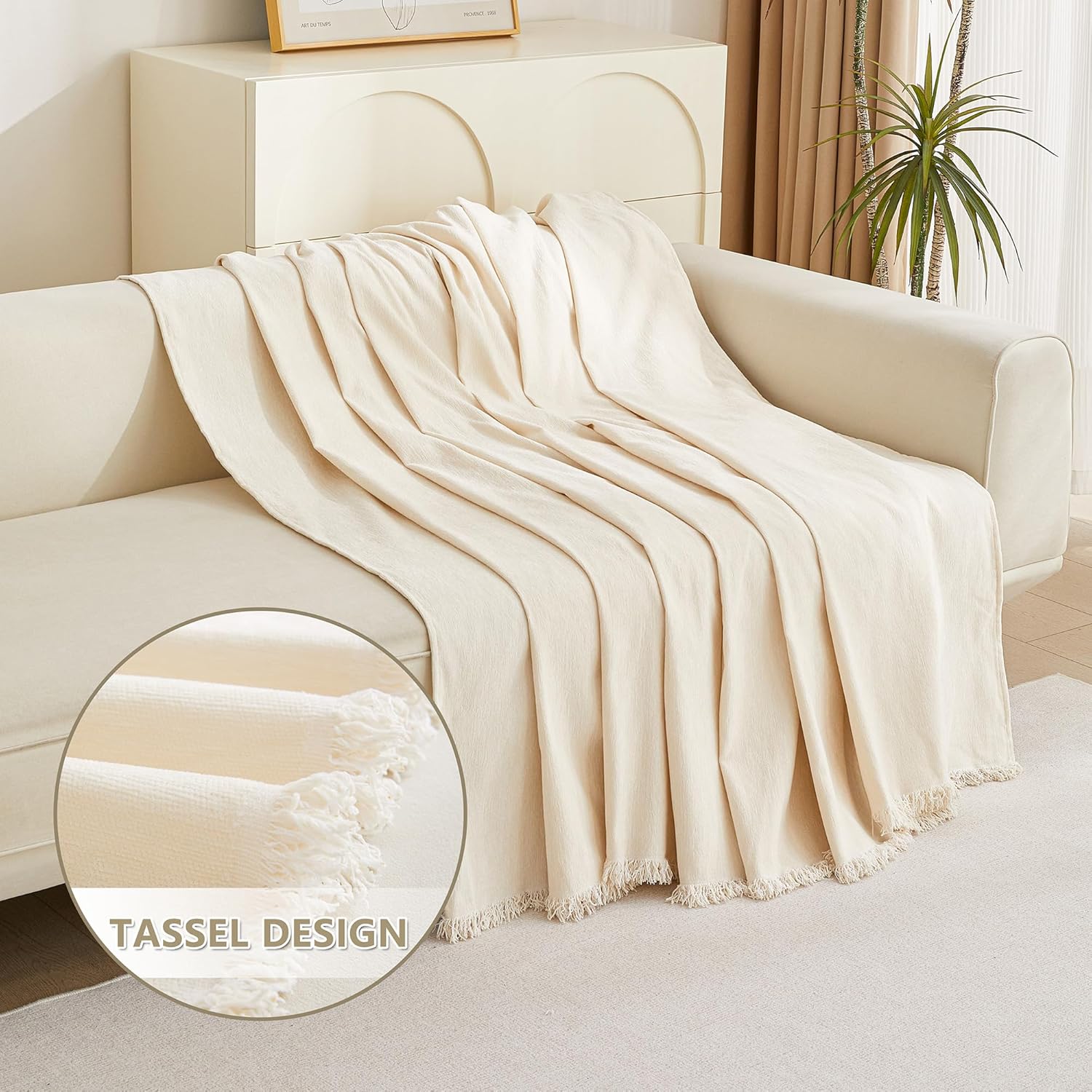 MYSKY HOME Funda de sofá biplaza, funda beige para sofá modular de 2 cojines, funda de sofá gruesa y universal de felpilla con borlas, protector