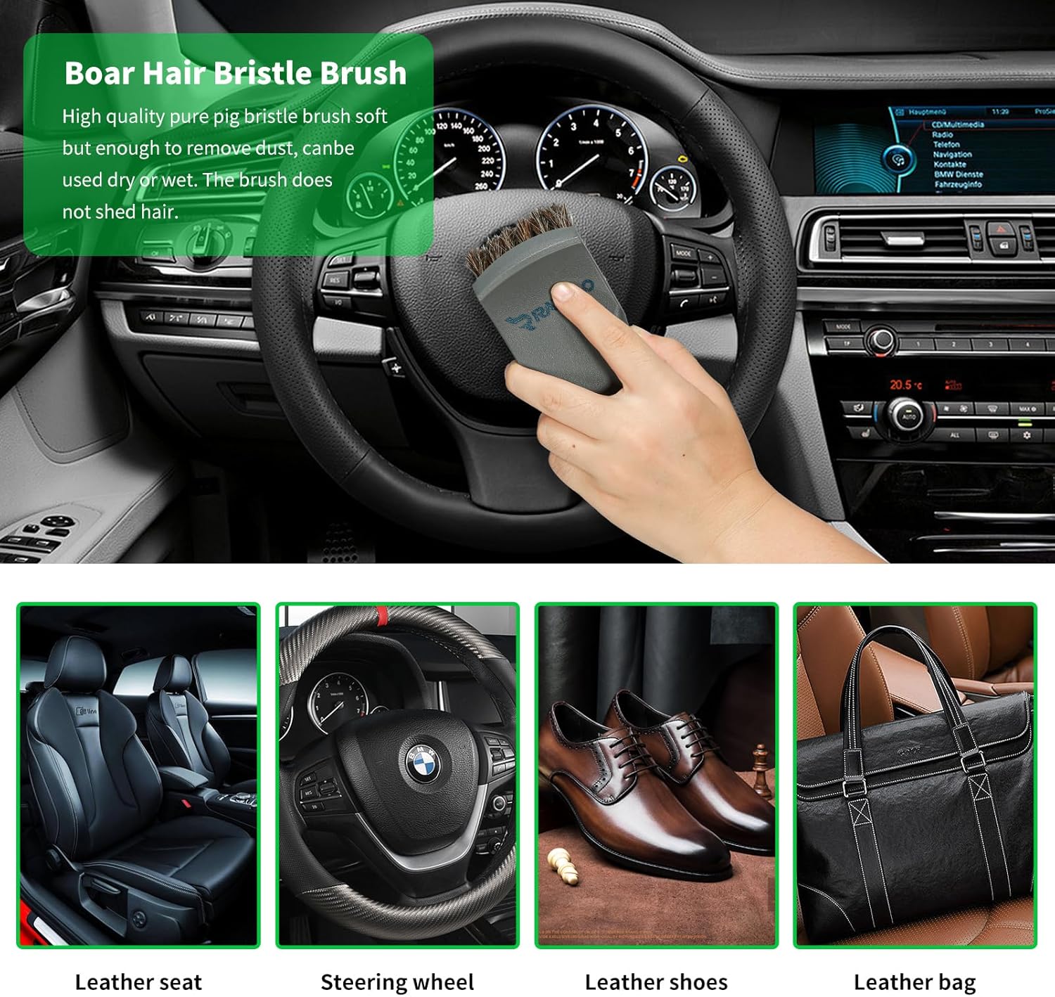 RAYBAO Cepillo para ruedas y neumáticos, cepillo de lavado de autos para borde de automóvil, cepillo de limpieza de cuero de pelo de caballo para