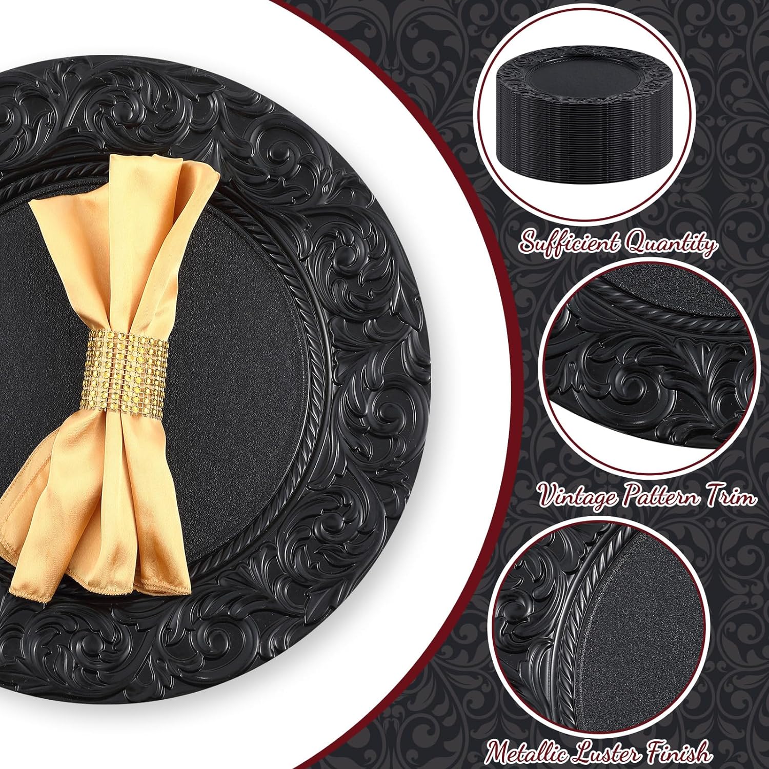 Zhehao 50 unidades de platos antiguos a granel de 13 pulgadas con borde en relieve de plástico, platos redondos decorativos para cenas, bodas,