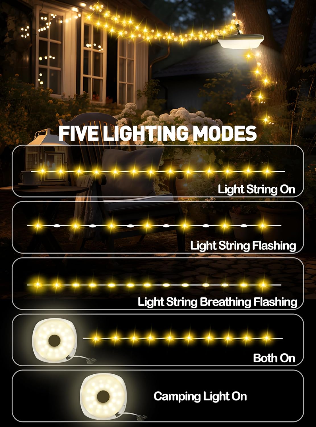 Favourlite Linterna de campamento con cuerda, 5 modos de iluminación de 33 pies, cadena de luces para exteriores, 2 en 1, recargable por USB,