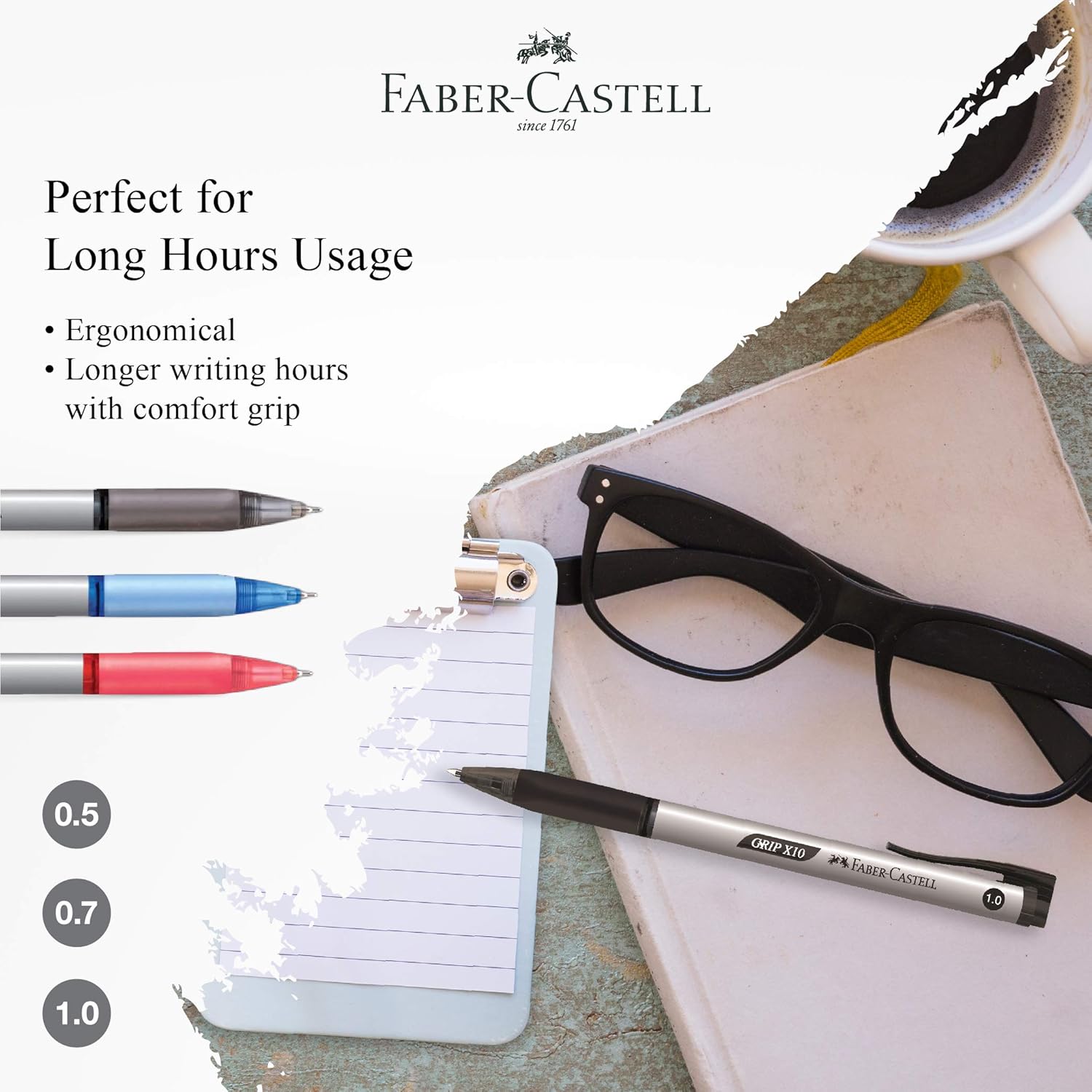 Faber-Castell Grip X – Bolígrafo ergonómico, paquete de 3 (0.020 in, negro, azul) barril triangular, escritura sin fatiga, súper suave