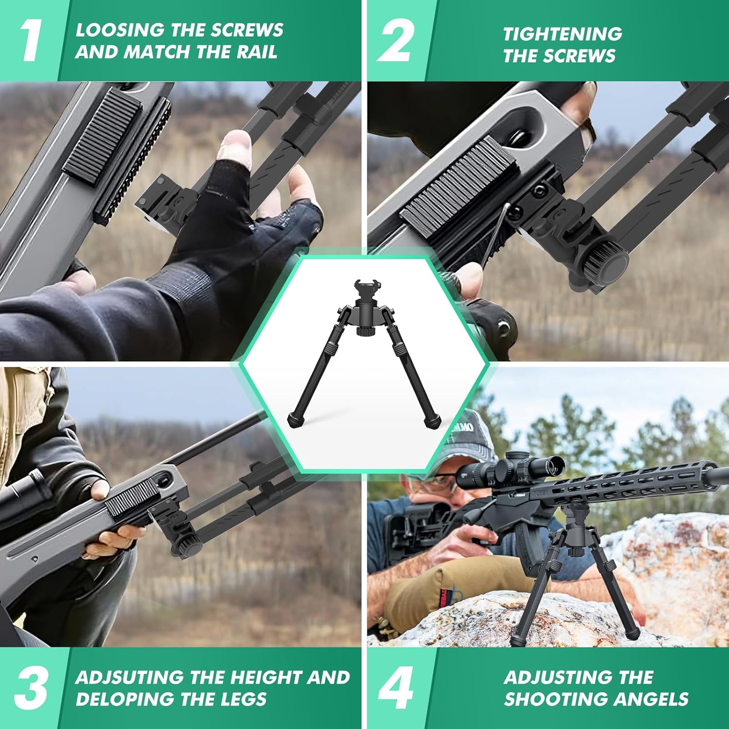 Bípodes de rifle para caza y disparo con giro de 360 y bípode de pistola de 10 alturas ajustables para rifles