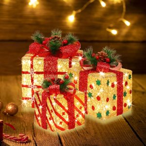 GLOWNOVA Juego de 3 cajas de regalo iluminadas grandes de 9.5 x 8 x 6.5 pulgadas, 70 luces LED superbrillantes con intermitentes, para interiores y GLOWNOVA Juego de 3 cajas de regalo iluminadas grandes de 9.5 x 8 x 6.5 pulgadas, 70 luces LED superbrillantes con intermitentes, para interiores y