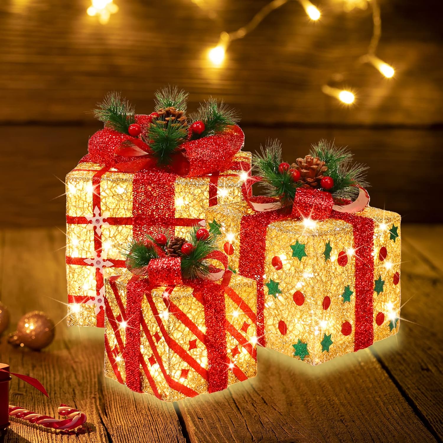 GLOWNOVA Juego de 3 cajas de regalo iluminadas grandes de 9.5 x 8 x 6.5 pulgadas, 70 luces LED superbrillantes con intermitentes, para interiores y