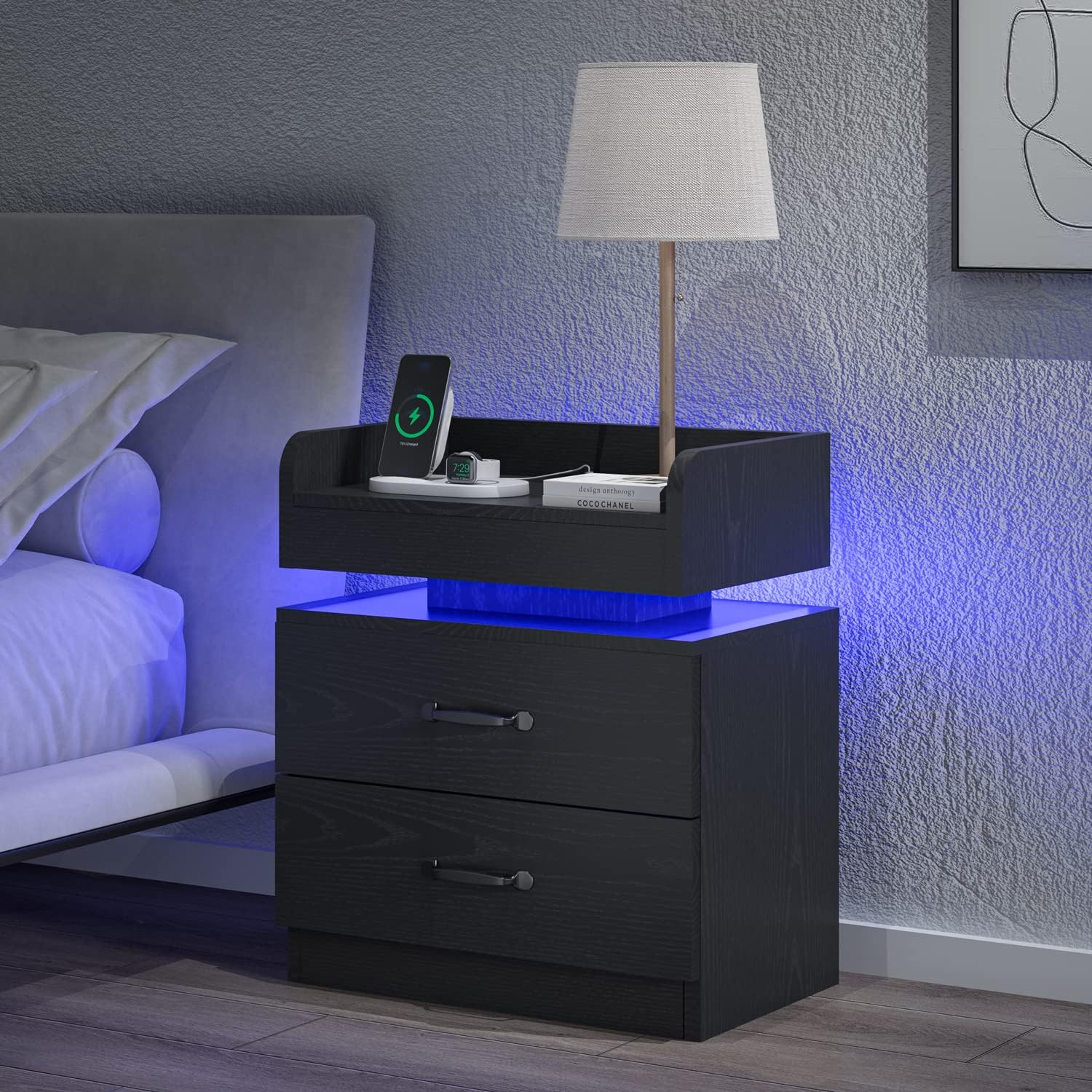 Mesita de noche con estación de carga, mesita de noche con luz LED, mesa auxiliar moderna con cajones de almacenamiento, mesita de noche con luz LED