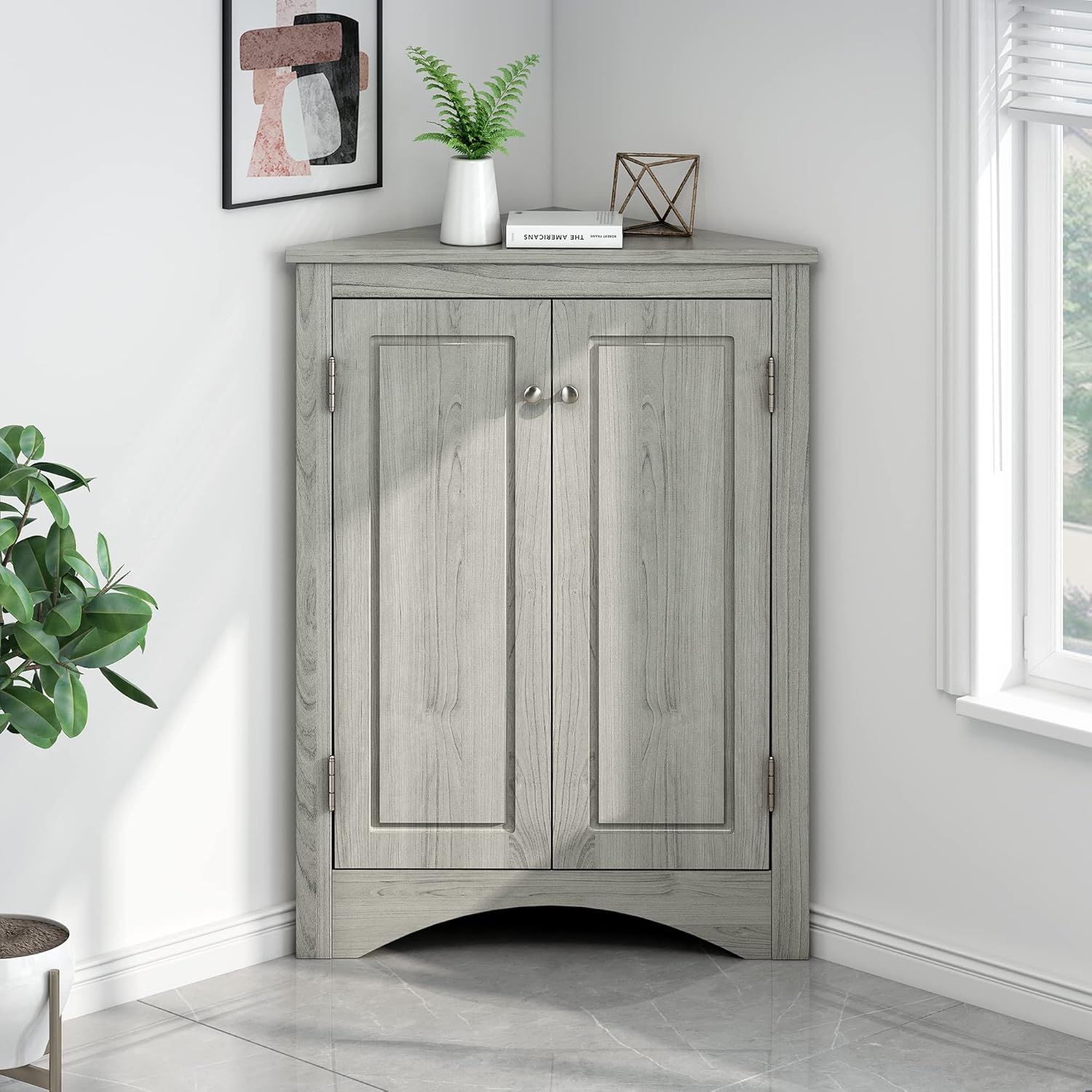 Harper & Bright Designs Armario de almacenamiento esquinero, gabinete de almacenamiento de baño independiente de 31.5 pulgadas con doble puerta y