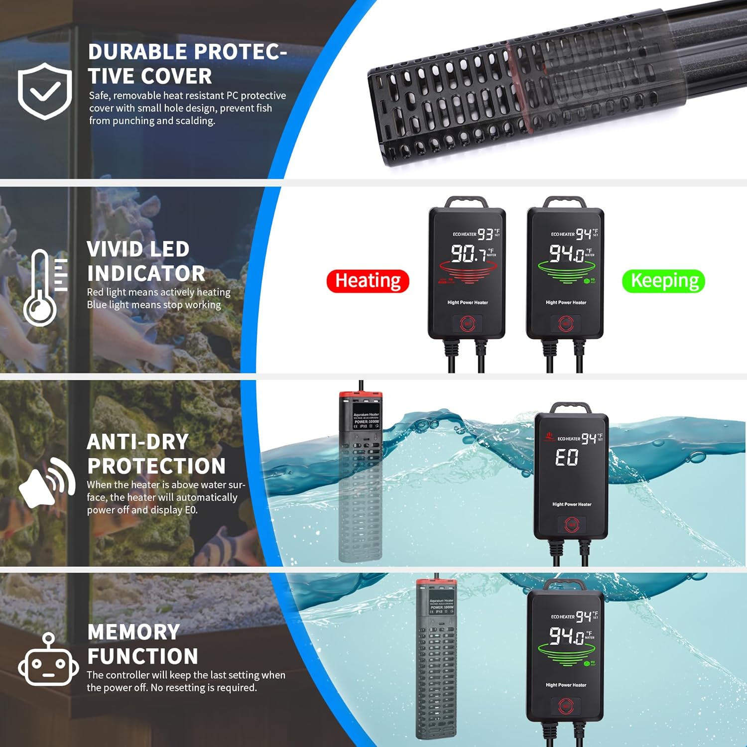 Calentador de acuario de 1000 W sumergible para pecera con tubos de cuarzo dobles y controlador de temperatura de pantalla LED para 150-300 galones,