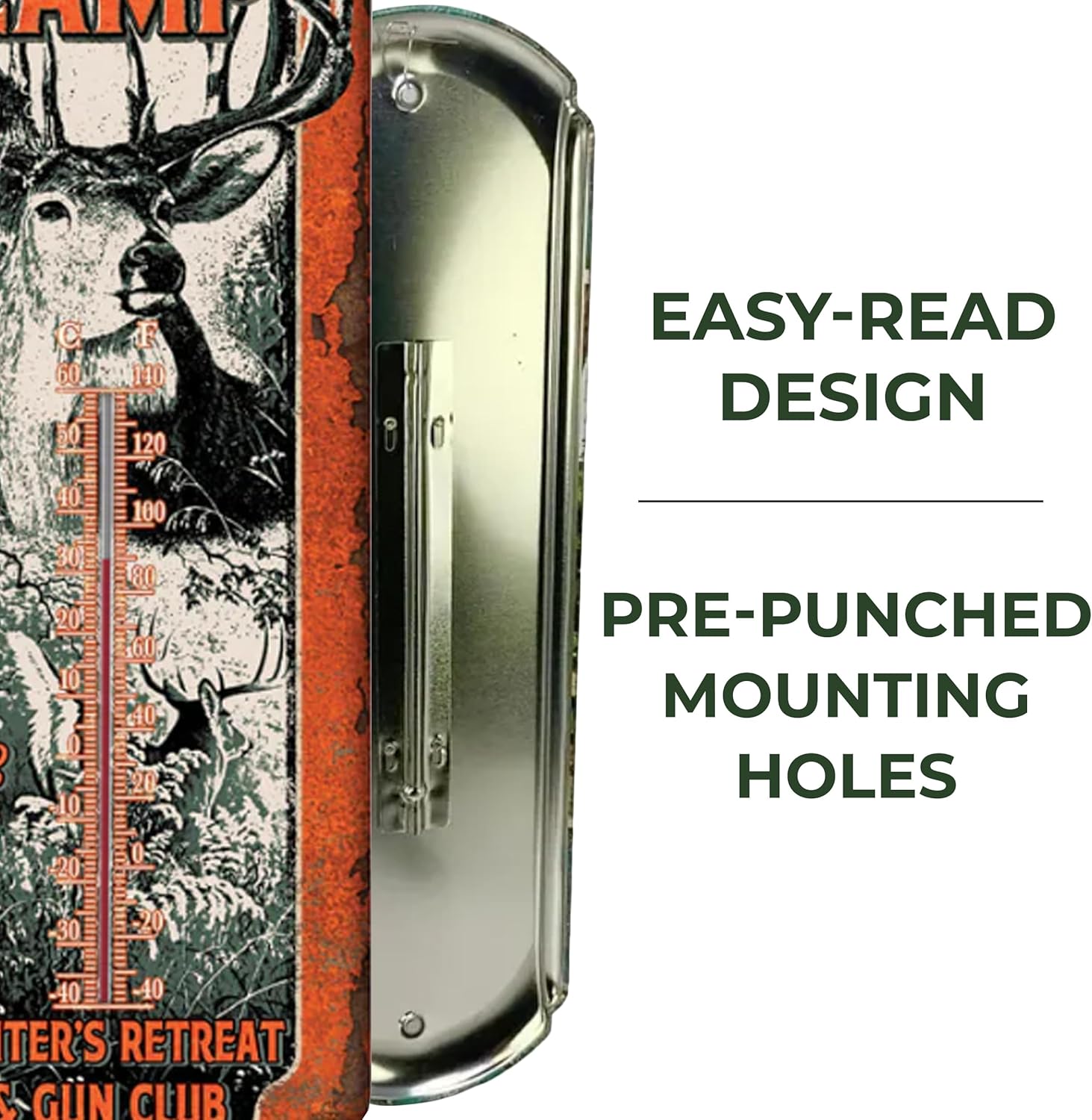 Rivers Edge Products Termómetro de pared de estaño, termómetro de 17 x 5 pulgadas con revestimiento UV para interiores o exteriores, termómetro para