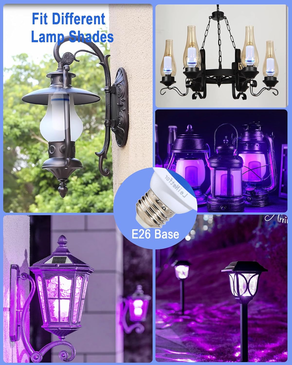 Bombillas LED de llama morada mejoradas, decoraciones de Halloween, bombillas para exteriores, base E26E27, bombillas parpadeantes moradas de