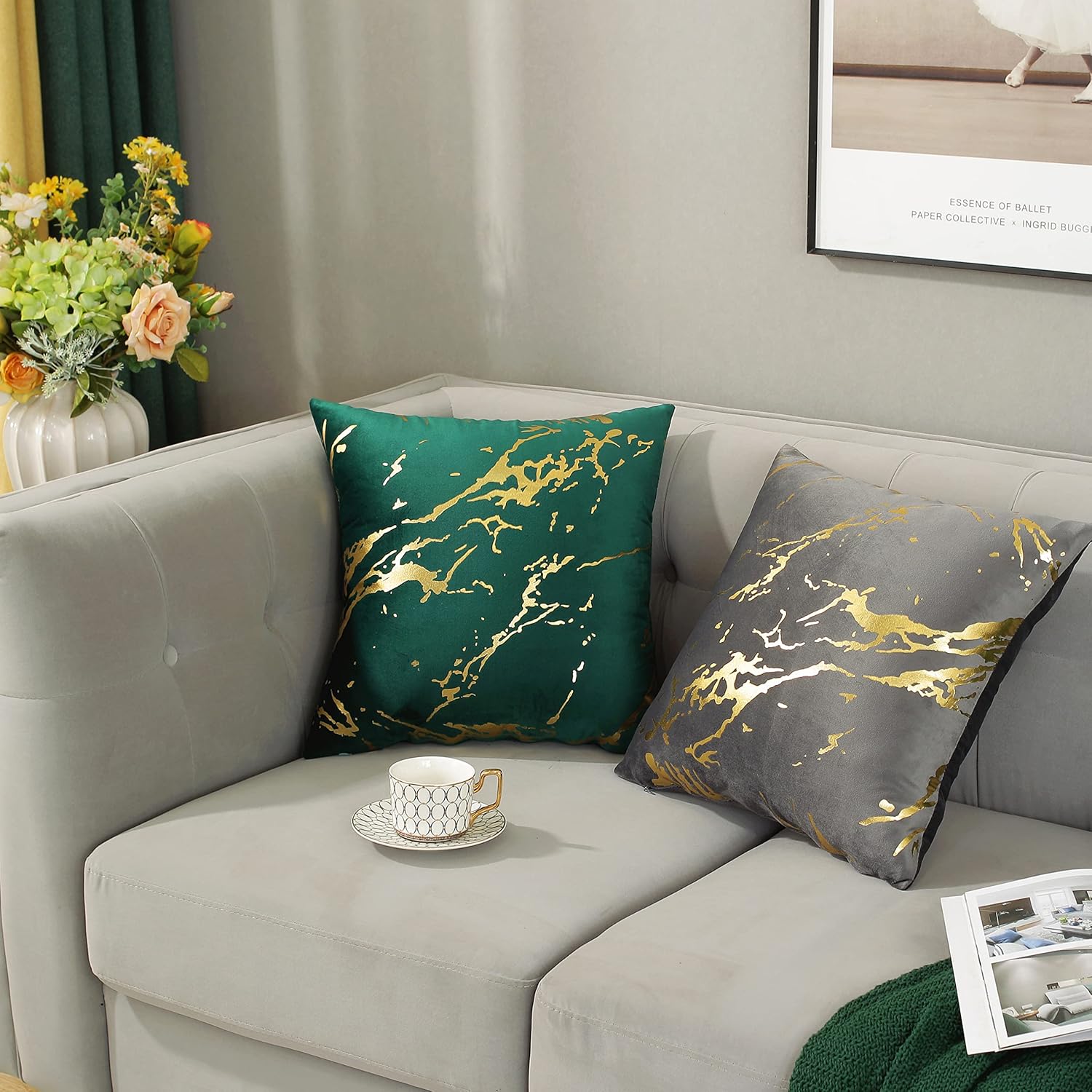 Juego de 2 fundas de cojín suaves de terciopelo con estampado geométrico de mármol y líneas de bronce geométrico para sofá, cama, decoración del