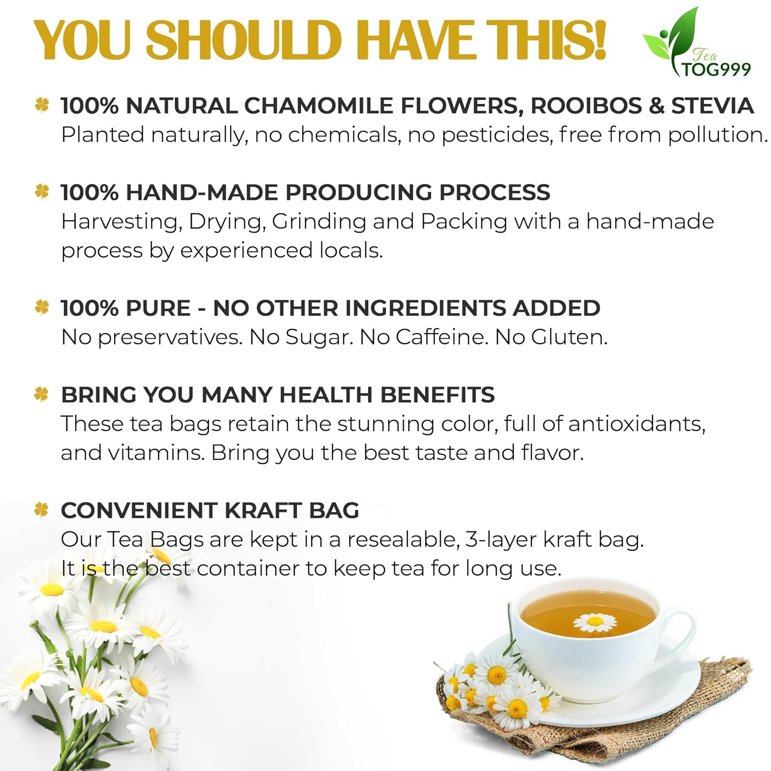 120 bolsas de té de flores de manzanilla natural, de té de hierbas de flores de manzanilla natural. Sin azúcar, sin cafeína, sin gluten, vegano.