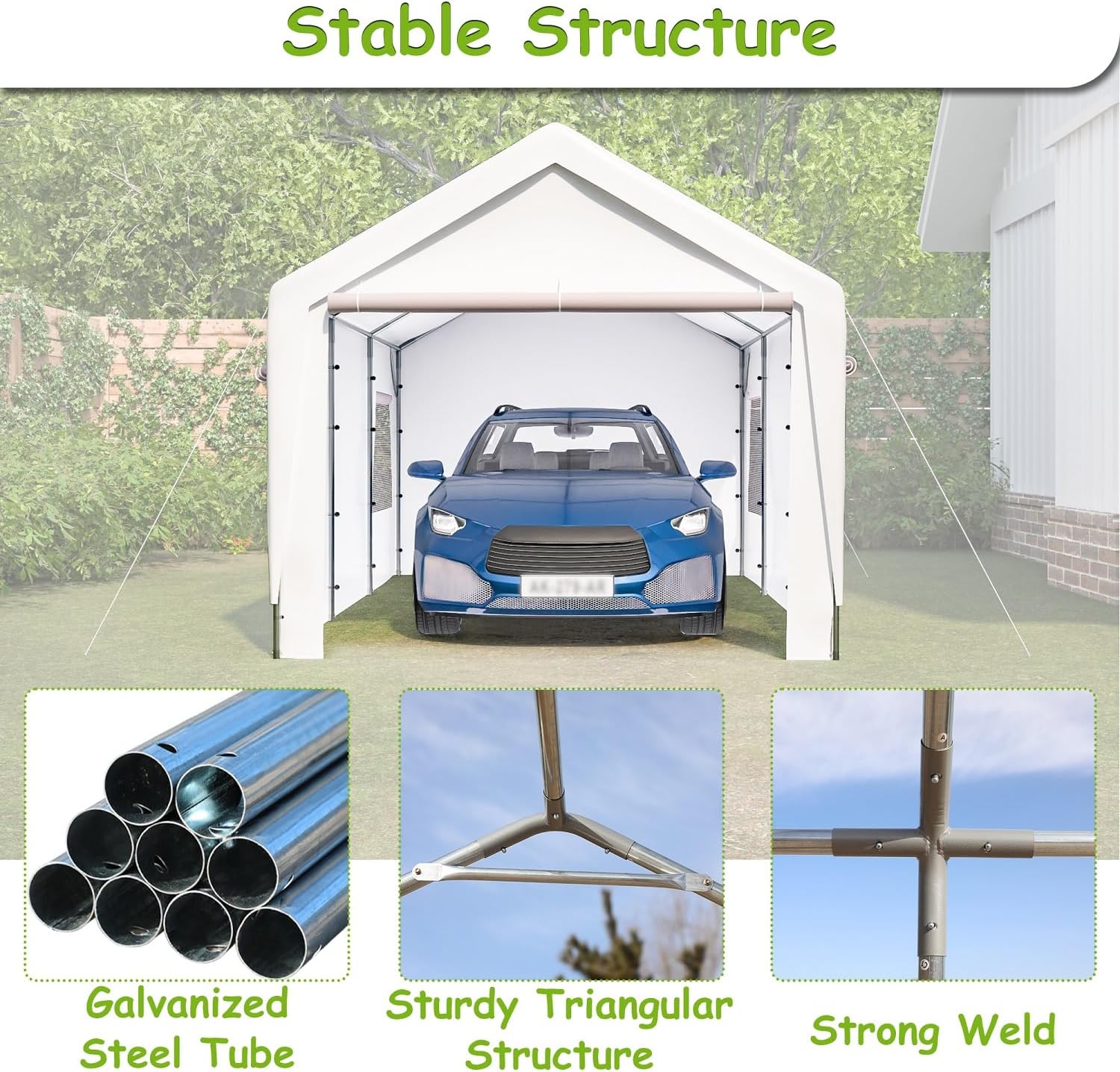 Carport, toldo resistente de 10 x 20 pies con paredes laterales y puertas extraíbles, garaje portátil con ventanas enrollables ventiladas refugio de