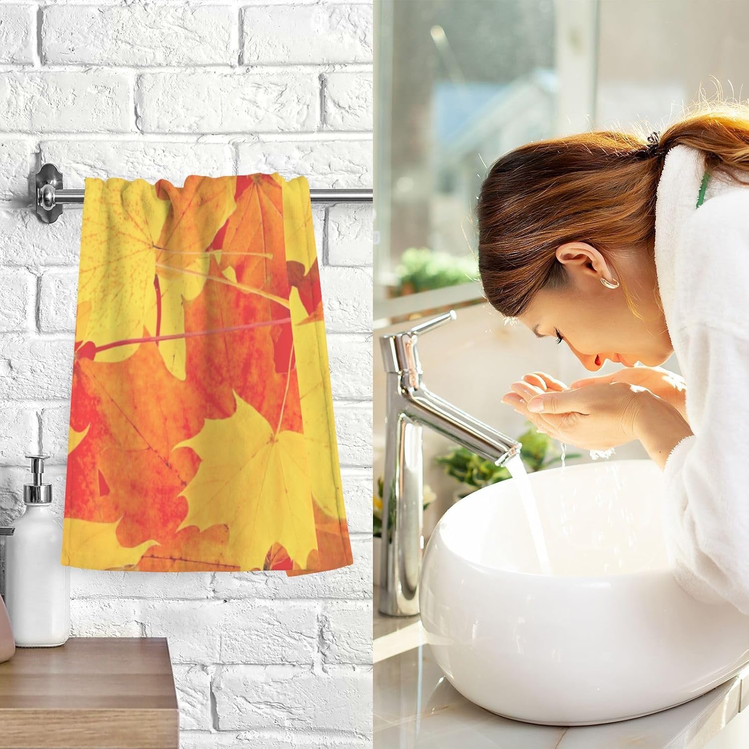ZOEO Juego de 2 toallas de mano de baño de hojas de otoño de naranja, toallas absorbentes de algodón suave y transpirable para baño, cocina, hotel,