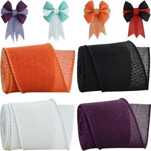 TONIFUL 4 rollos de cintas de arpillera con alambre, negro, naranja, morado, blanco, cinta de arpillera sintética de 2.5 pulgadas, para Halloween, TONIFUL 4 rollos de cintas de arpillera con alambre, negro, naranja, morado, blanco, cinta de arpillera sintética de 2.5 pulgadas, para Halloween,
