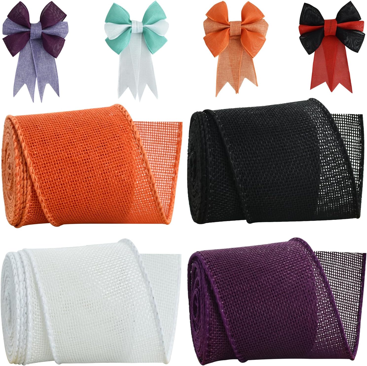 TONIFUL 4 rollos de cintas de arpillera con alambre, negro, naranja, morado, blanco, cinta de arpillera sintética de 2.5 pulgadas, para Halloween,