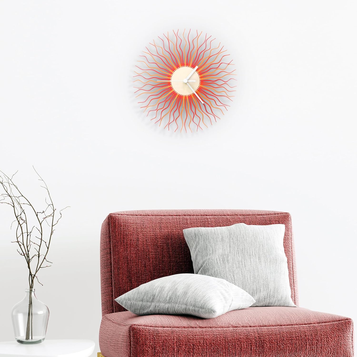 Reloj de pared moderno de mediados de siglo de 23.5 pulgadas, color rojo y naranja, decoración de pared contemporánea con forma de explosión de