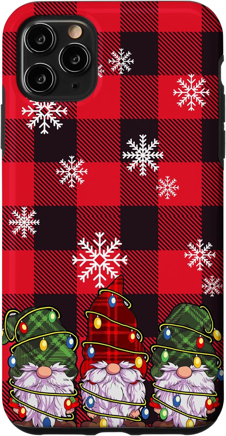 iPhone 11 Pro Max Navidad luces teléfono caso rojo búfalo cuadros tres gnomos caso