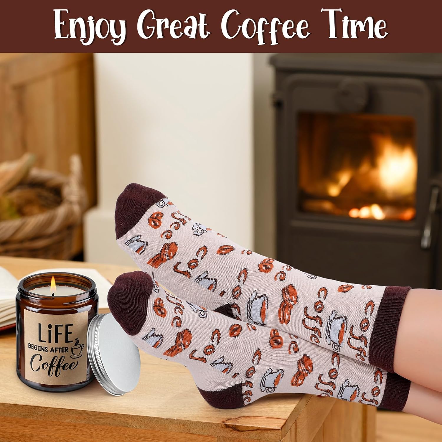 Juego de regalo de 5 piezas para amantes del café, incluye taza de café y soporte para cuchara, velas temáticas de café, calcetines de café, caja de