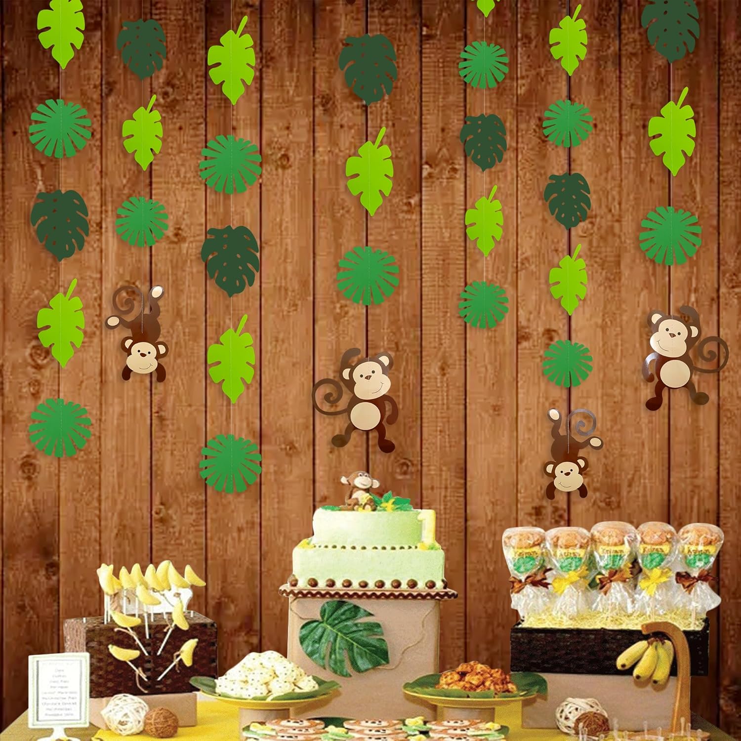 Guirnalda de recortes de hojas de palma de mono, decoración de fiesta de selva, monos, decoraciones de pared colgantes para niños, decoración de