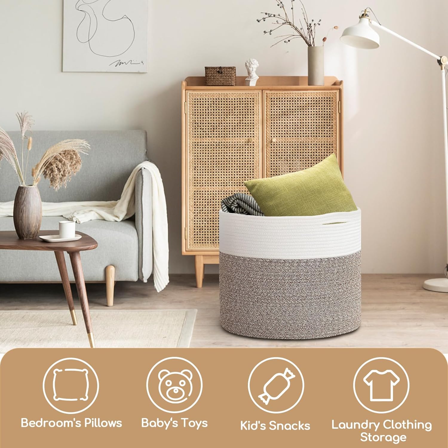 Cesta de cuerda de algodón extragrande de 24 x 24 x 17.3 pulgadas para sala de estar, canasta tejida para ropa sucia para bebé con asas, contenedor