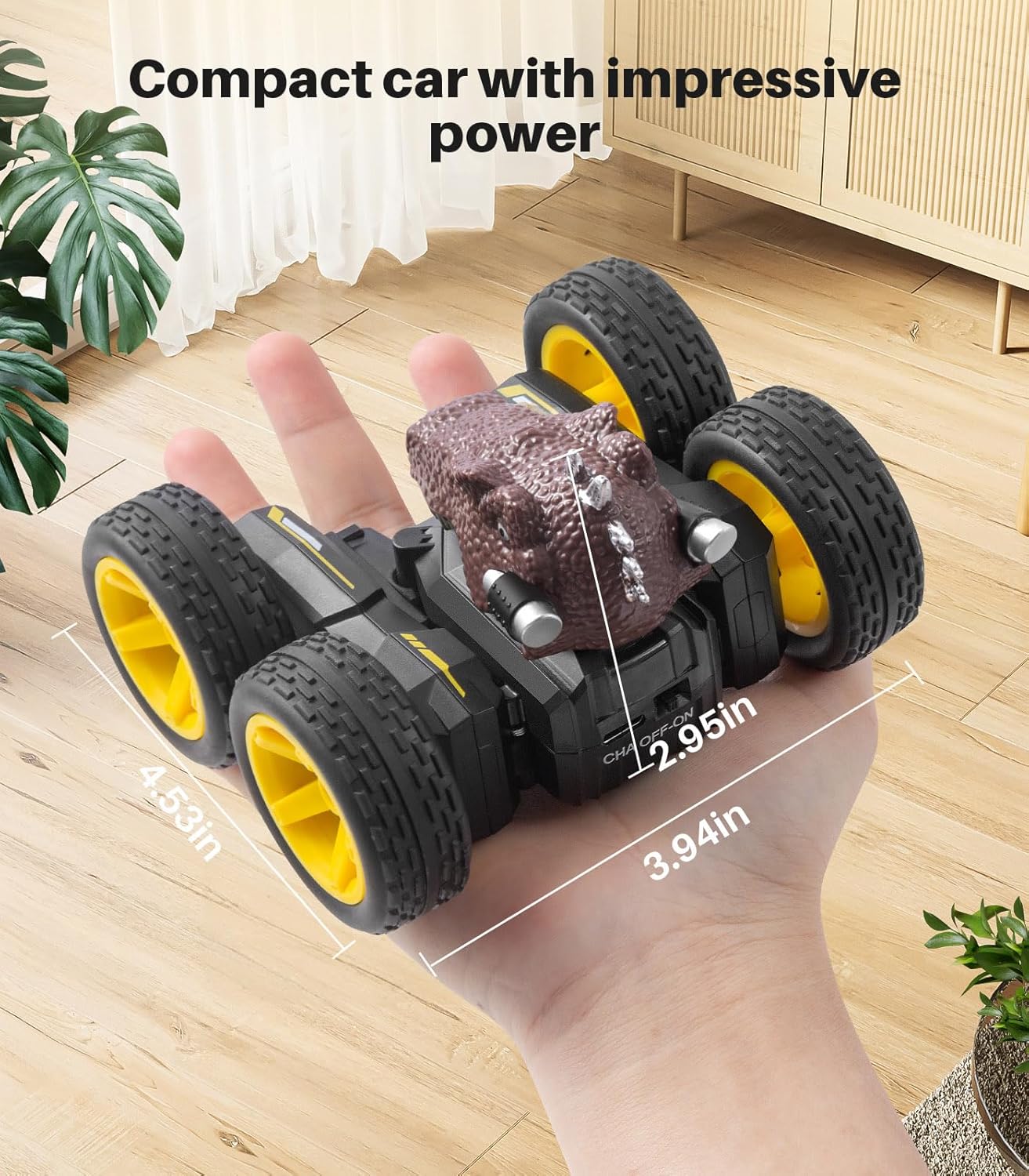 Auto de acrobacias a control remoto para niños, juguete de camión de juguete con demostración de una tecla, dinosaurio RC de rotación de 360, escala
