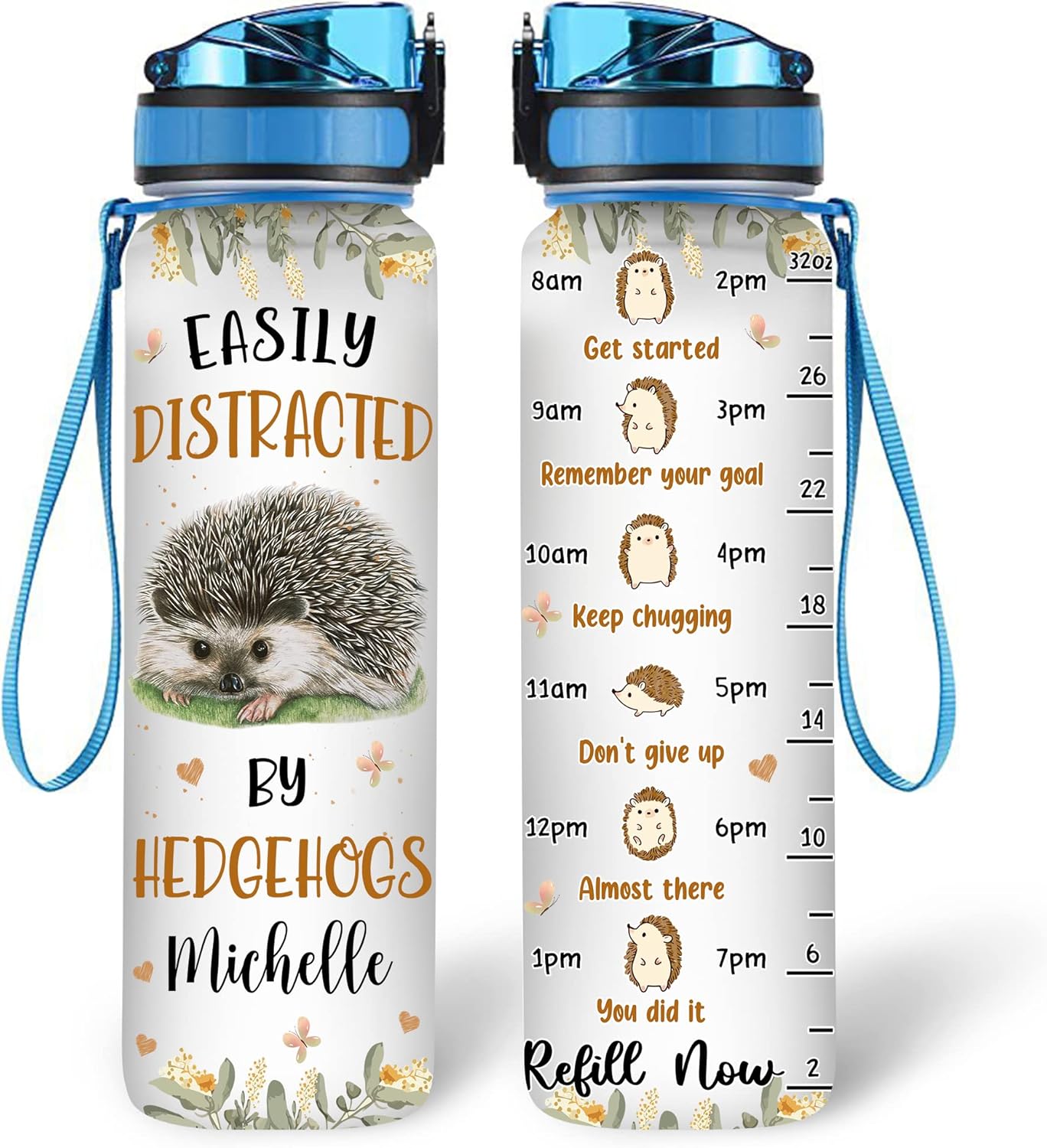 Hyturtle Botella de agua motivacional personalizada para amantes de los erizos de 32 onzas, 1 litro, fácil de distraer con erizos, botella de agua