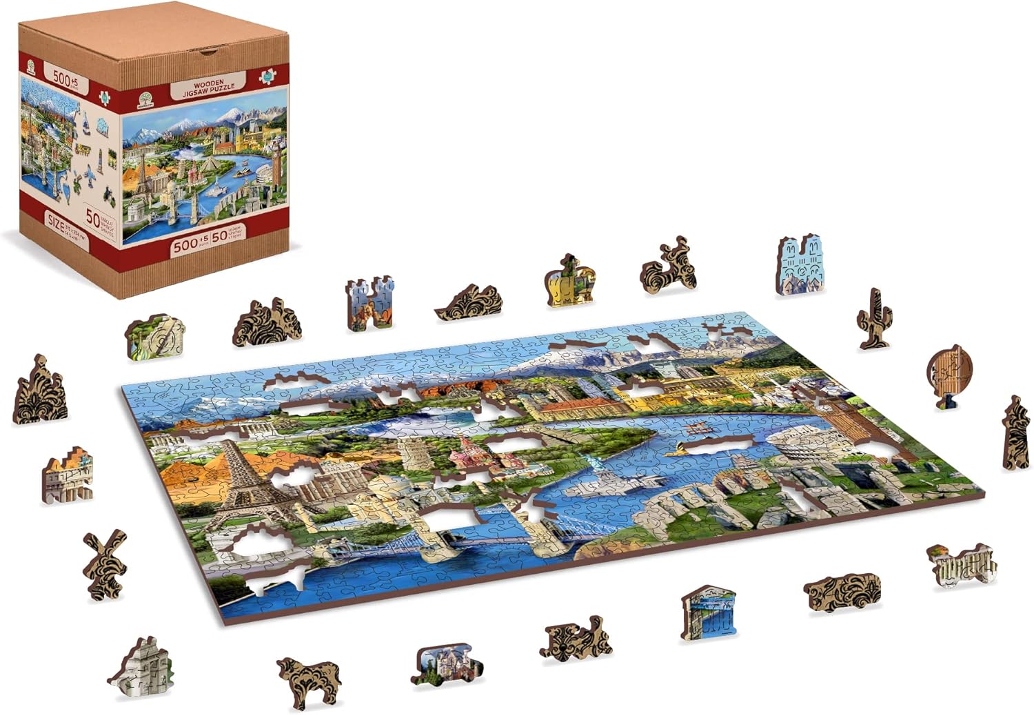 WOODEN.CITY Rompecabezas de madera de 500 + 5 piezas emblemáticos del mundo, rompecabezas avanzados de viaje para adultos, rompecabezas de madera