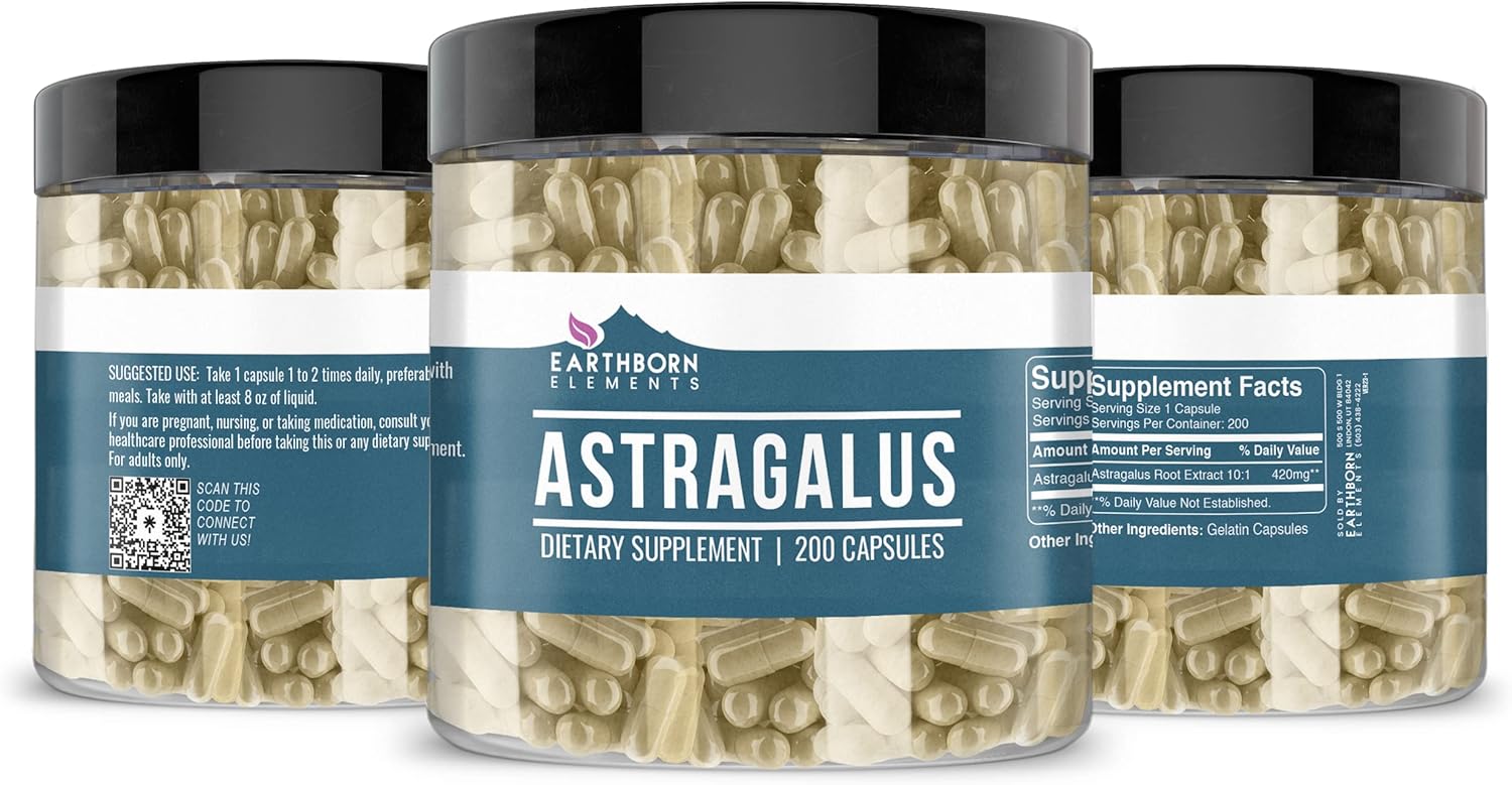 Earthborn Elements Extracto de astrágalo 200 cápsulas, puro y sin diluir, sin aditivos