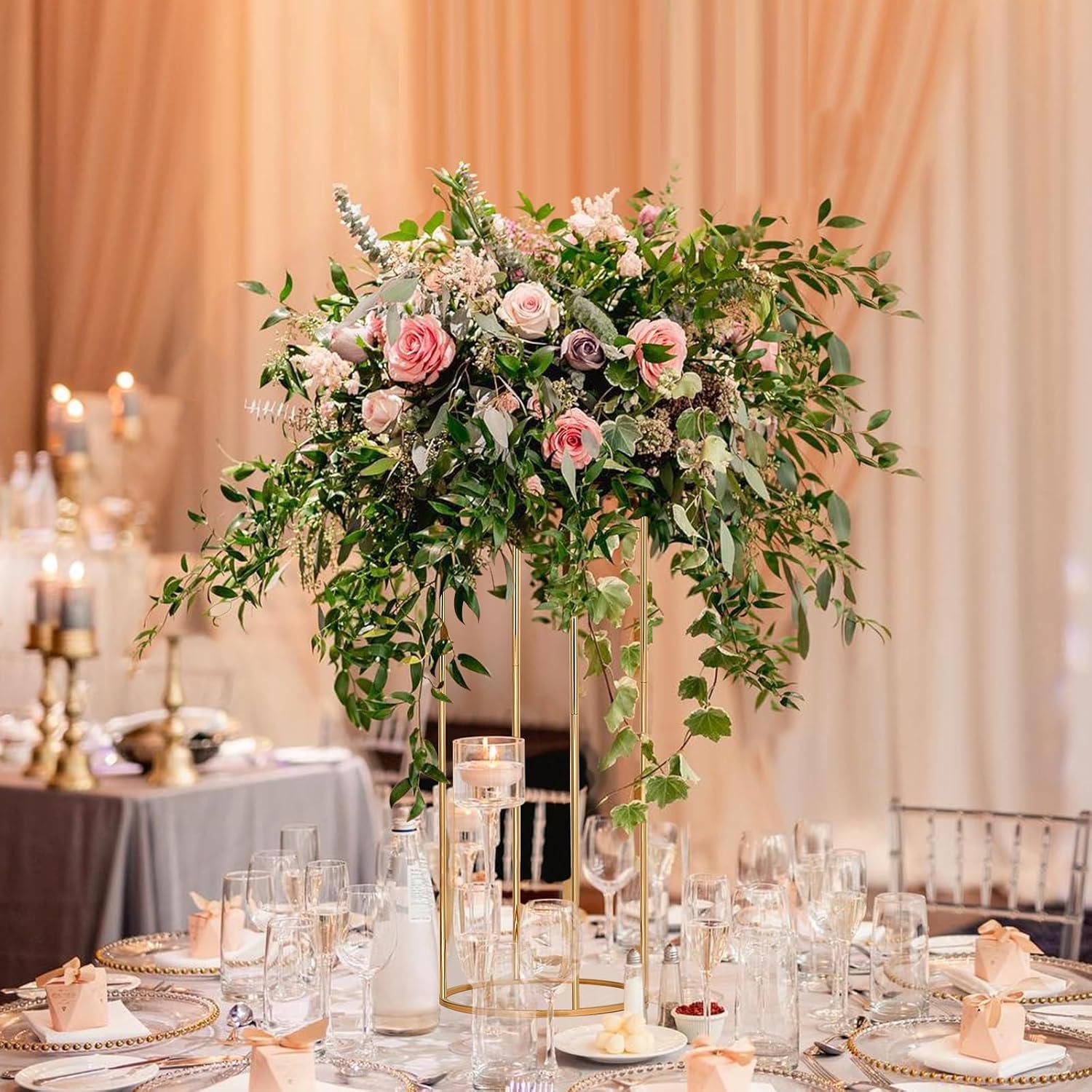 Juego de 2 soportes dorados para flores de boda, juego de 2 jarrones de metal, columna geométrica para mesa de boda, centros de mesa de mesa de 23.4