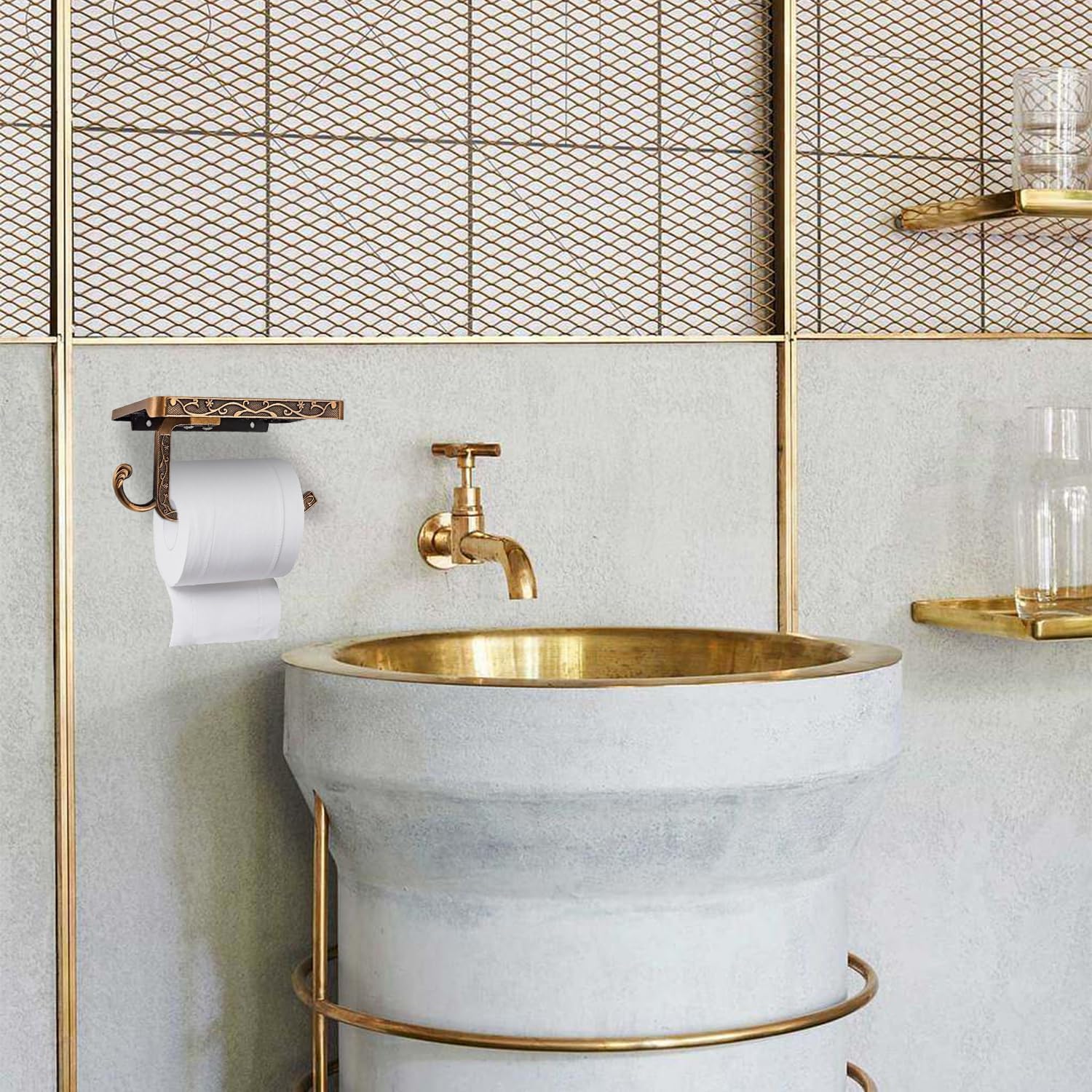 Soporte de pared para papel higiénico, soporte de papel higiénico retro con estante para teléfono, soporte de rollo de papel de aluminio con gancho