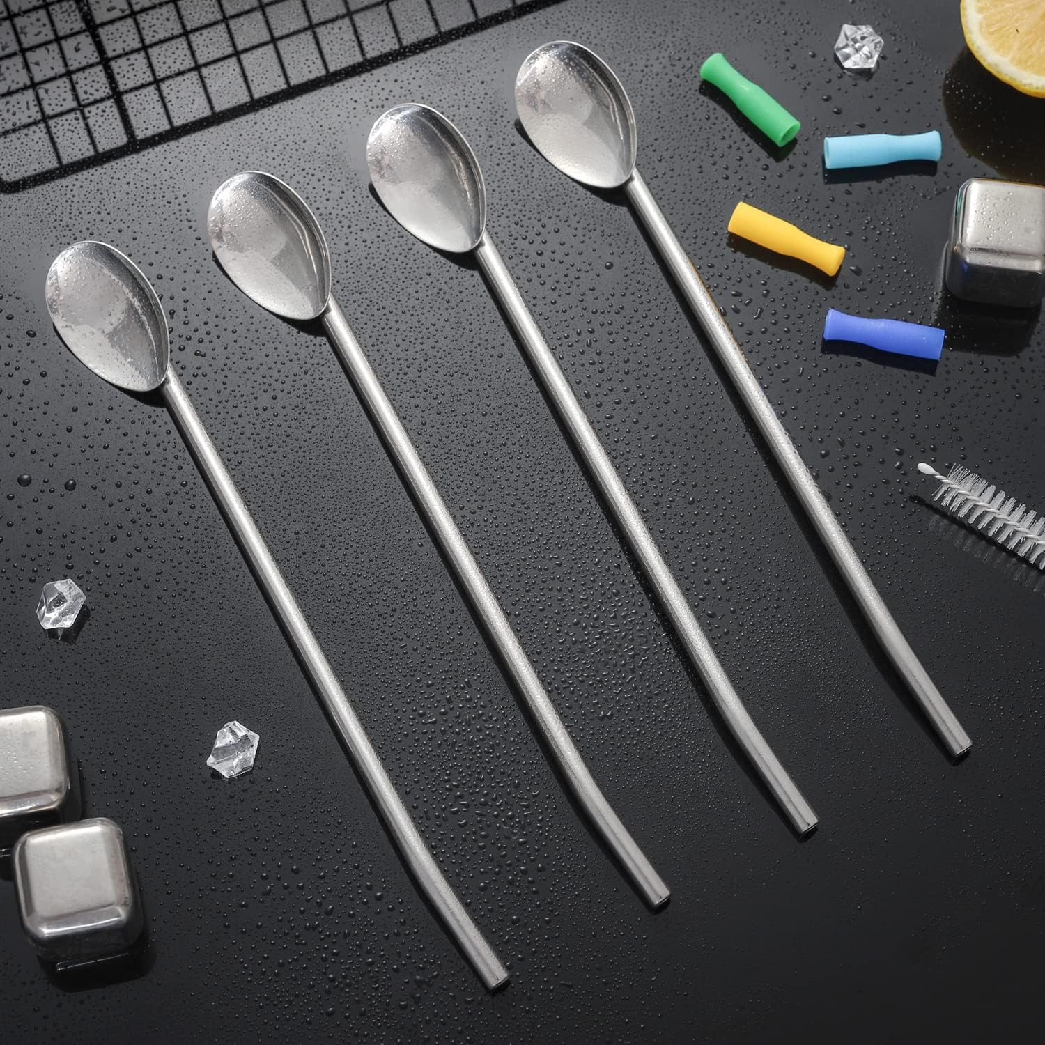 Cucharas largas de acero inoxidable para té, cucharas de pajita, mango con pajita para mezclar, revolver, beber