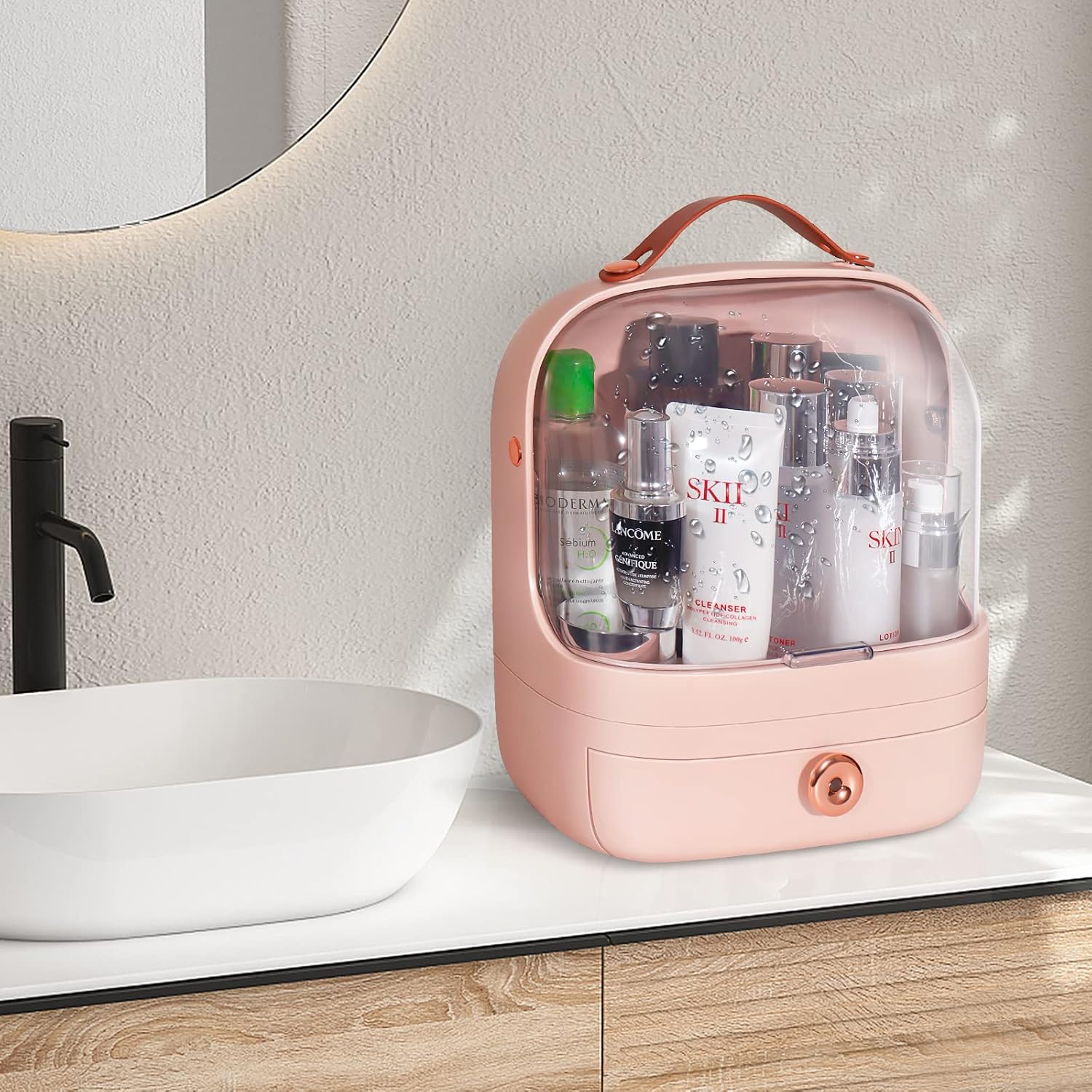 MASSY Egg Shape(Oval) Makeup Storage Box, Countertop Portable Vanity Cosmetics Organizer Preppy Style (MBOX-03-Pink)