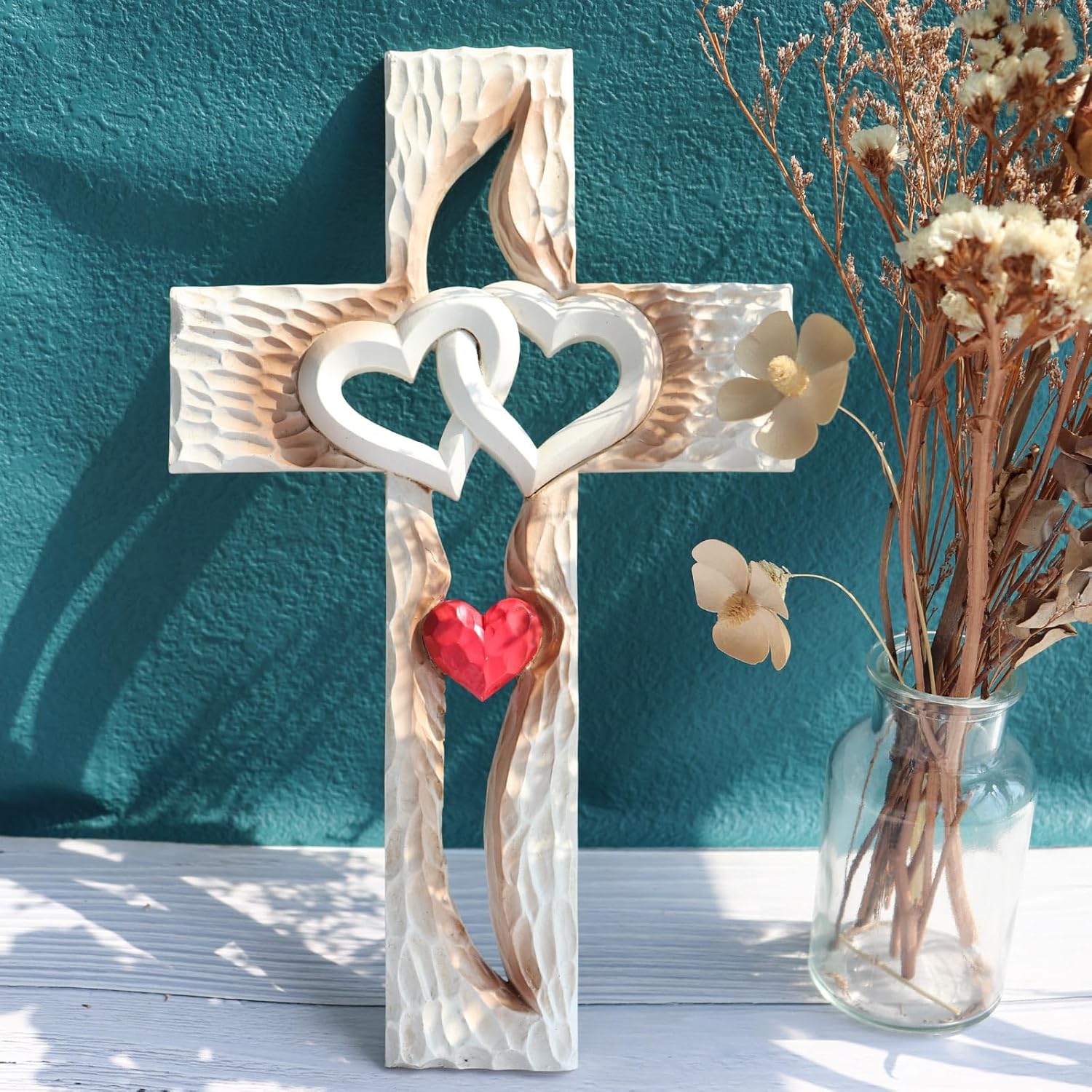 Oooct Cruz tallada, decoración de pared de cruz, cruz de amor de resina, nunca separa la cruz de amor, gran regalo cristiano, regalo de arte de