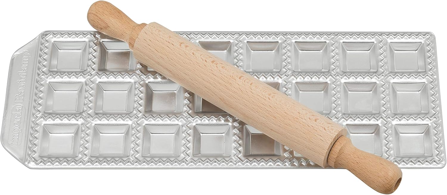Imperia – Bandeja de mini ravioles con rodillo de madera – Acero inoxidable italiano – Hace 24 mini cuadrados (127-24) – Accesorio para hacer pasta