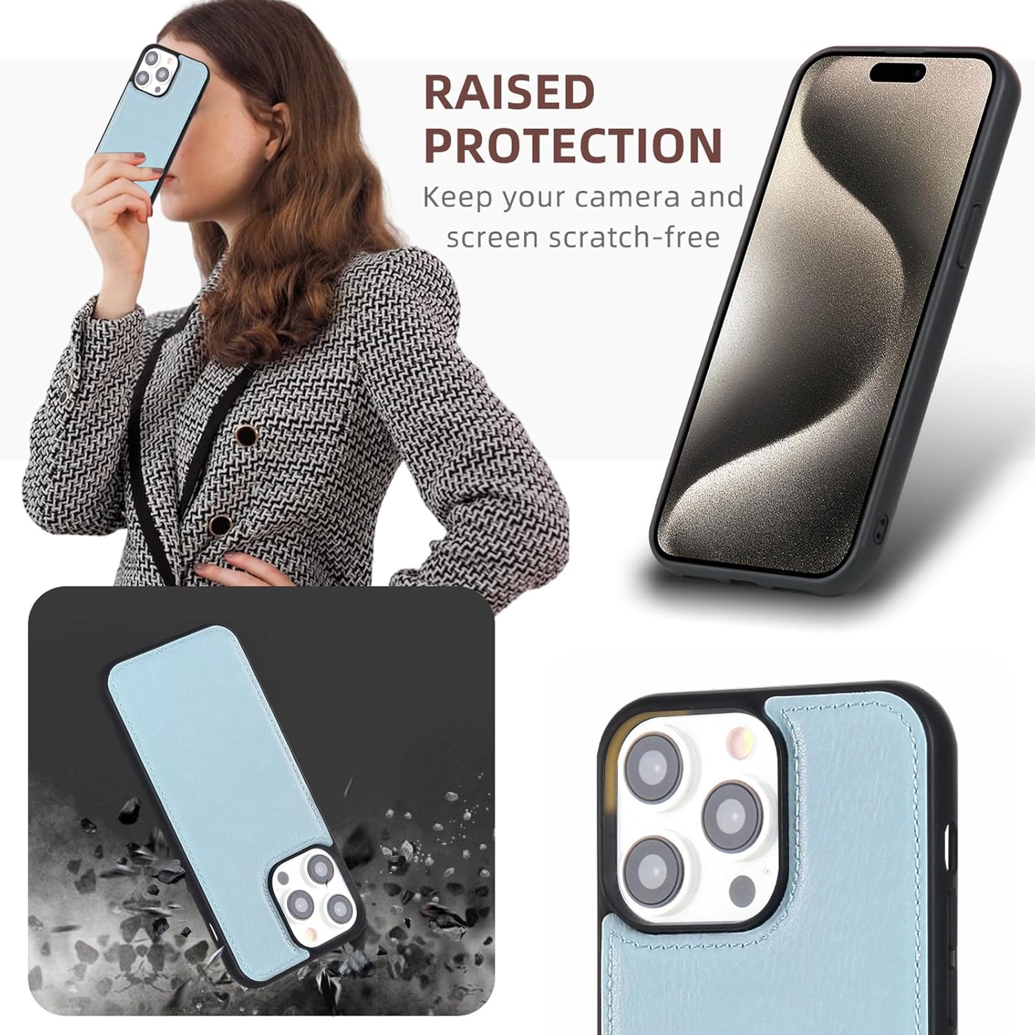 Funda tipo cartera de piel sintética para iPhone 12 Pro Max, multifuncional 2 en 1, magnética, correa de cordón, cremallera, tarjetero (azul claro)