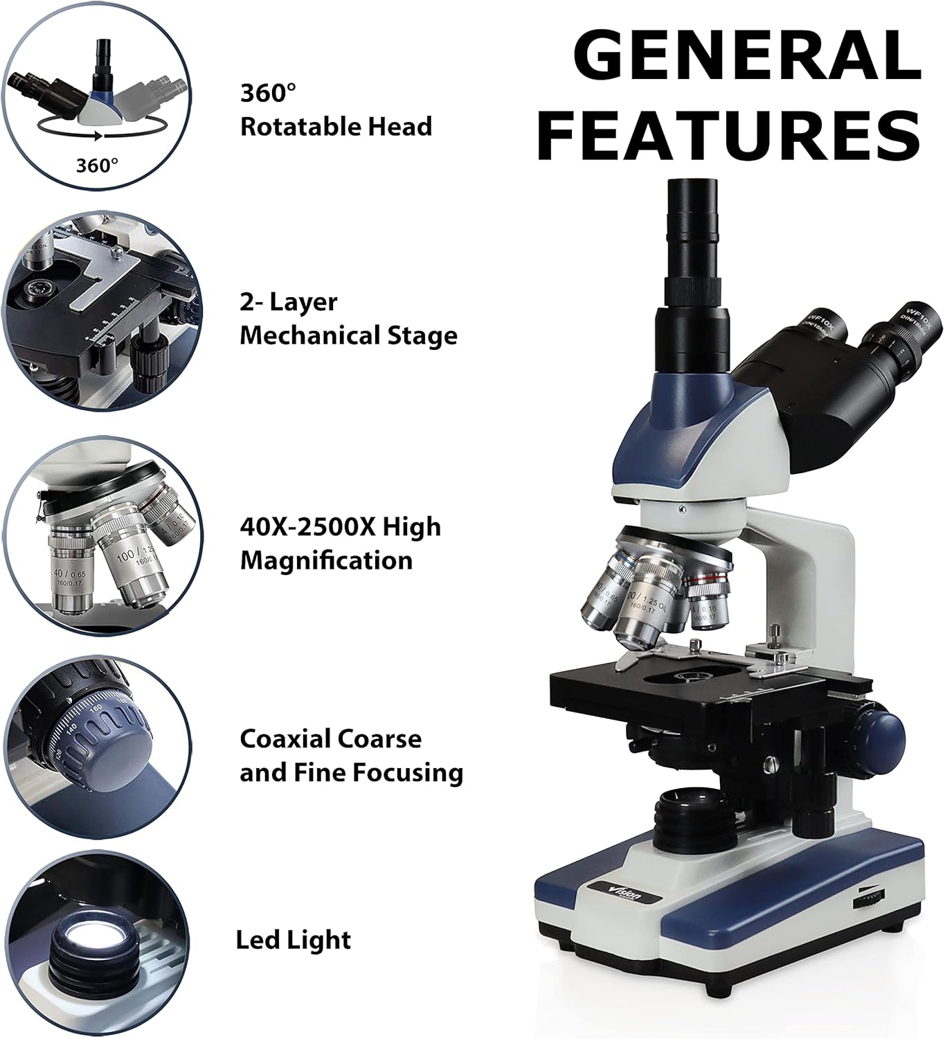 Vision Scientific Microscopio compuesto trinocular Siedentopf VS-60T-RC-DT1.3, aumento 40X-2500X, oculares WF 10X y 25X, etapa mecánica de doble