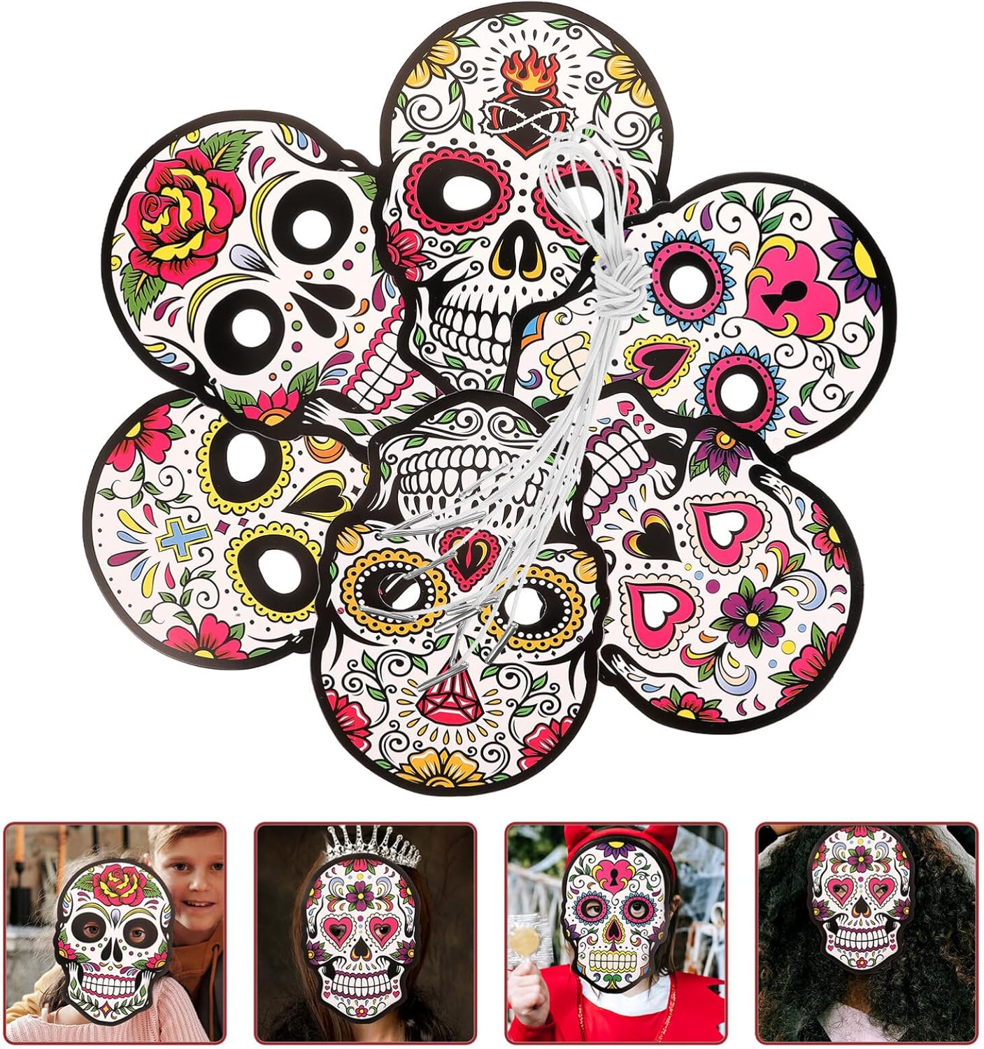 EXCEART 6 máscaras del Día de los Muertos, máscaras de papel de calavera, esqueletos, máscaras de cosplay, fiesta del Cinco de Mayo, sombreros para