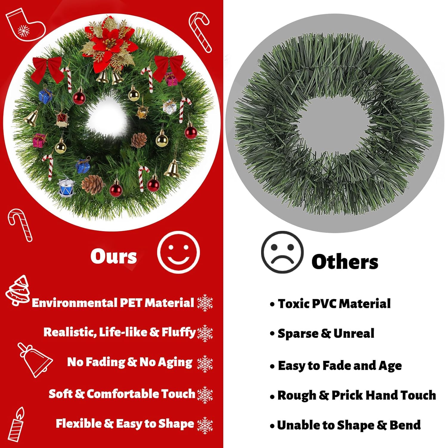 Paquete de 5 guirnaldas de Navidad de 250 pies para Navidad y no iluminadas, decoración de vacaciones suave para interiores y exteriores, guirnalda