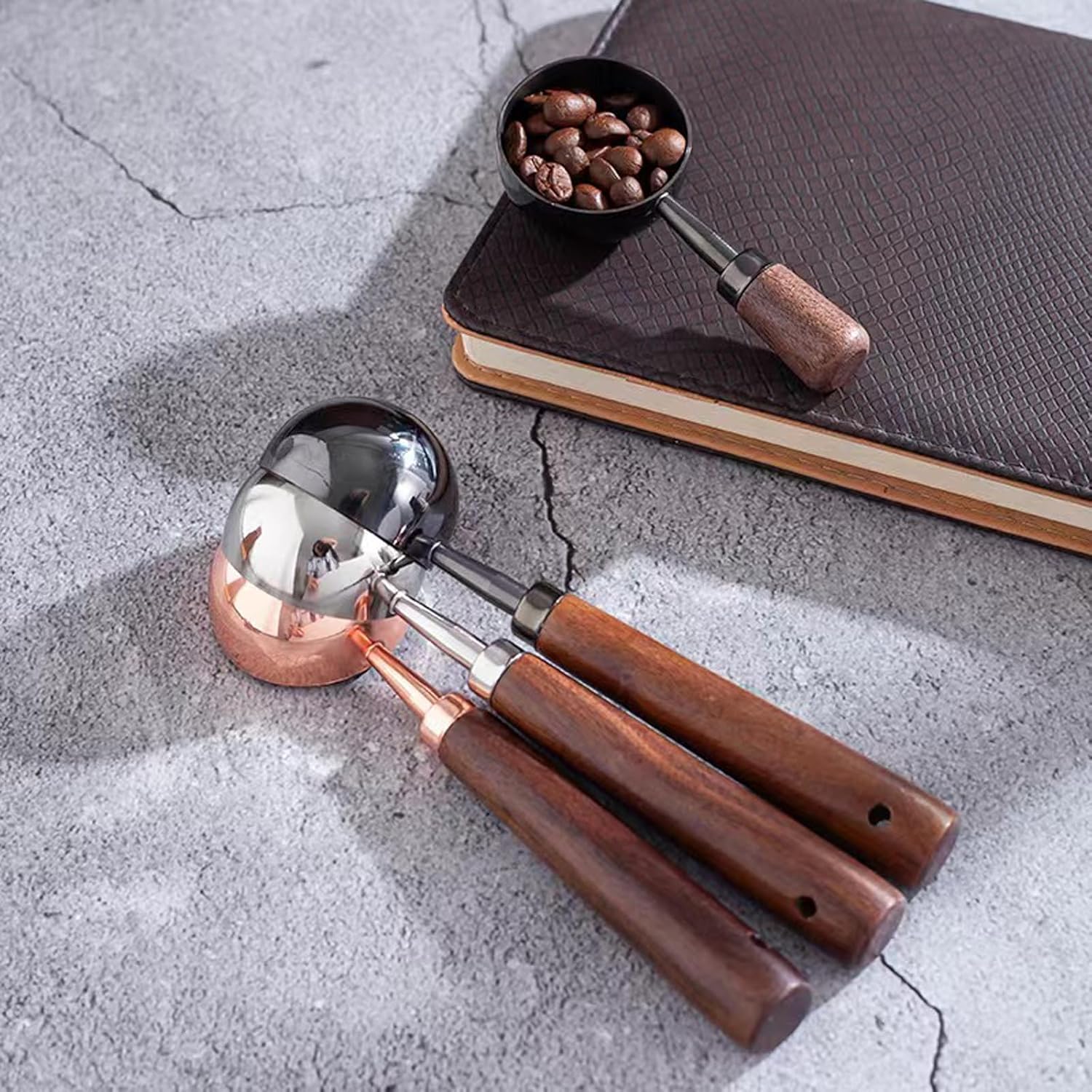Gonzone Cuchara medidora de café vintage, acero inoxidable 304, cuchara de café, capacidad de 0.35 onzas, mango de nuez, perfecta para café, té y