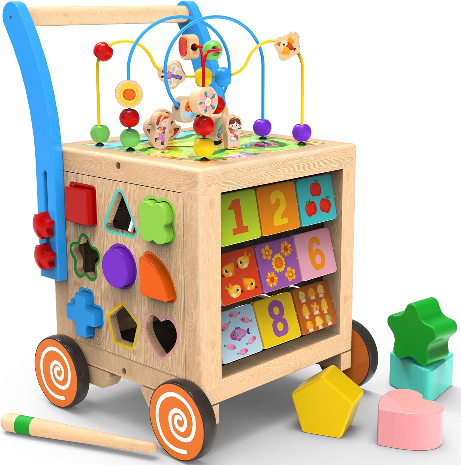 Andador de madera para bebés  Cubo de actividades de madera 9 en 1, centro de actividades de aprendizaje sentado a pie, juguetes educativos