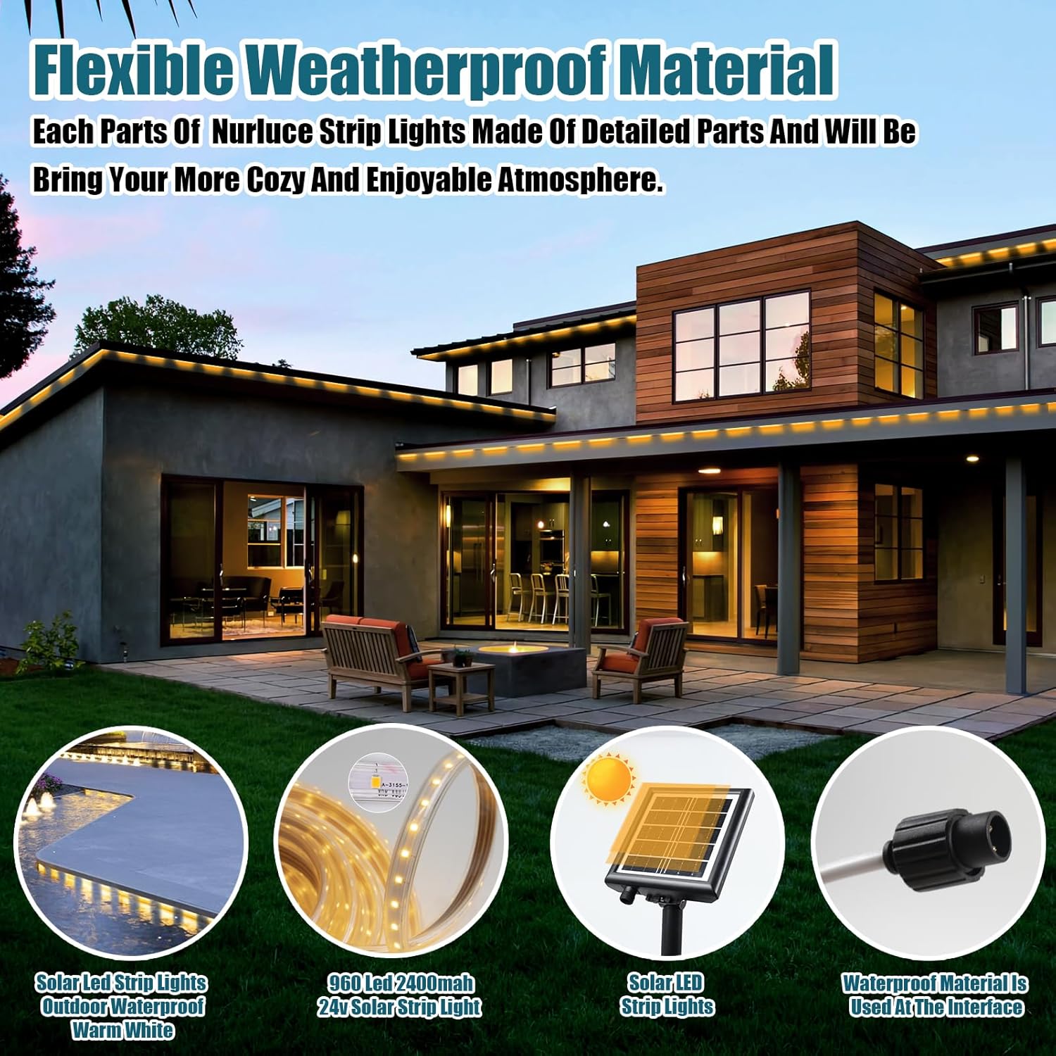 Nurluce Tira de luces LED solares para exteriores, impermeable, blanco cálido, 32.8 pies, 960 LED, 2400 mAh, 24 V, tira de luz solar con control