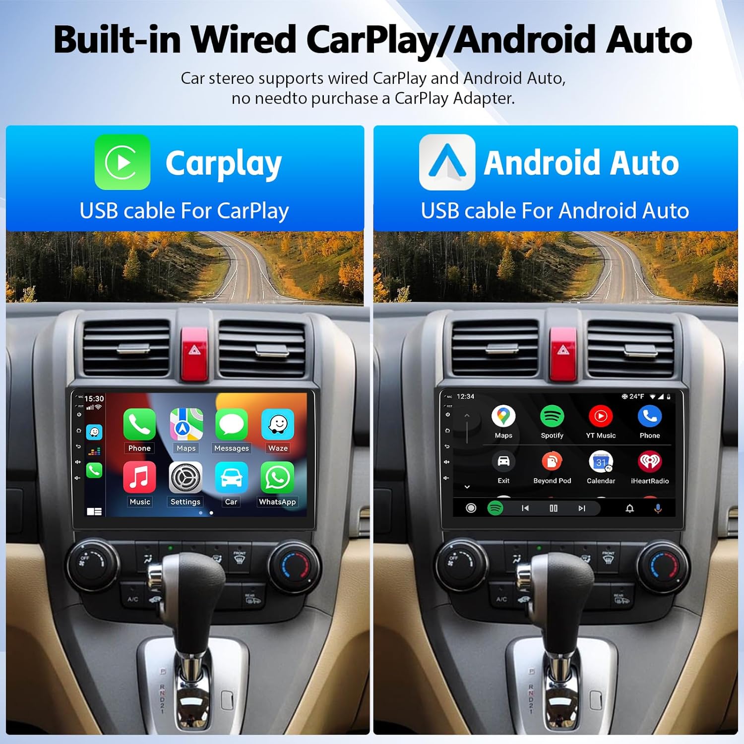 Reproductor MP5 estéreo para Honda CRV 2007-2011 Radio de coche con Apple Carplay Android Auto Mirror Link, 9 pulgadas pantalla táctil Radio de